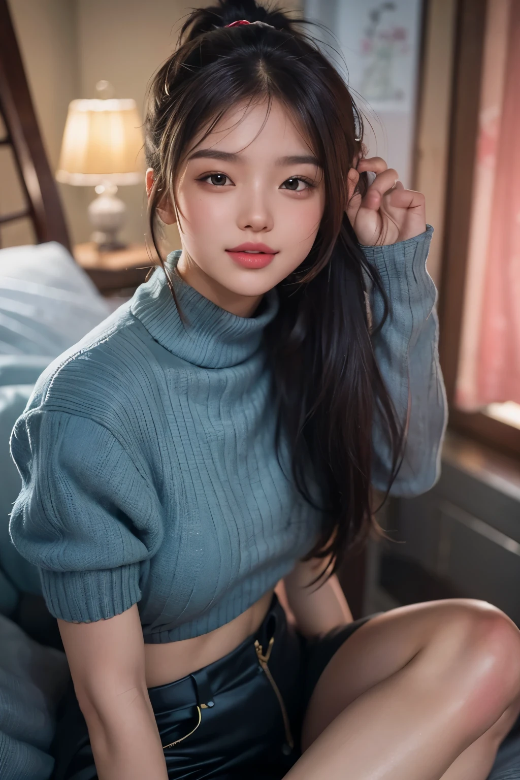 portrait of a beautiful south korean asian girl standing, pretty face, super big breasts covered by delicate (loose) light blue sweater, beautiful long black straight hair, smooth, portrait, high resolution, 8k, painting, masterpiece, (W cup breast), gently tempt, mini panties