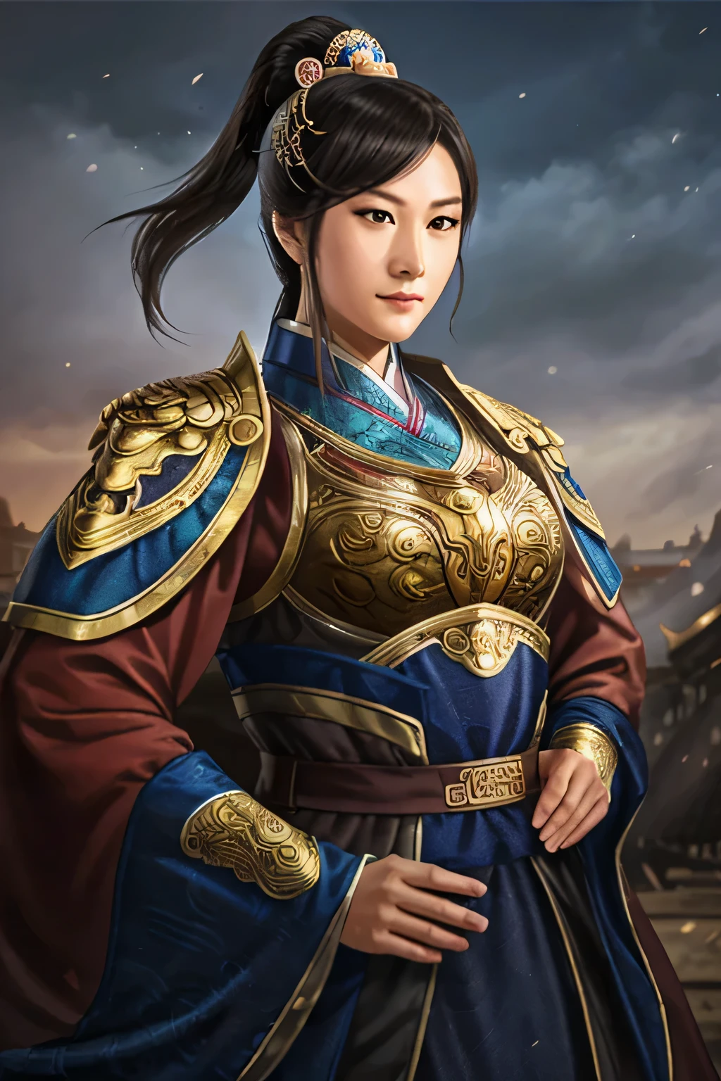 25 year old Chinese woman,middle aged woman,realistic,chinese_Armor,alone,Background of ancient chinese cities,detailed_eye,shoulder_Armor,(검은 eye),looking at viewer,(masterpiece:1.2), (best quality:1.2), perfect eye, perfect face, perfect lighting, (8K),(complete anatomy), Nee Shot