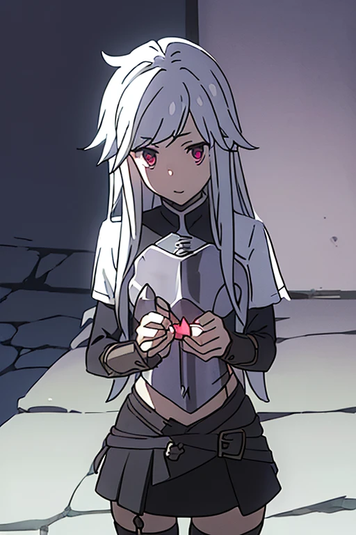 ((Is it wrong to try to date someone in a dungeon? · feminization · berclanel · gender · long hair · skirt · glowing dagger · white hair · girl · during dungeon battle · monster · breastplate)))