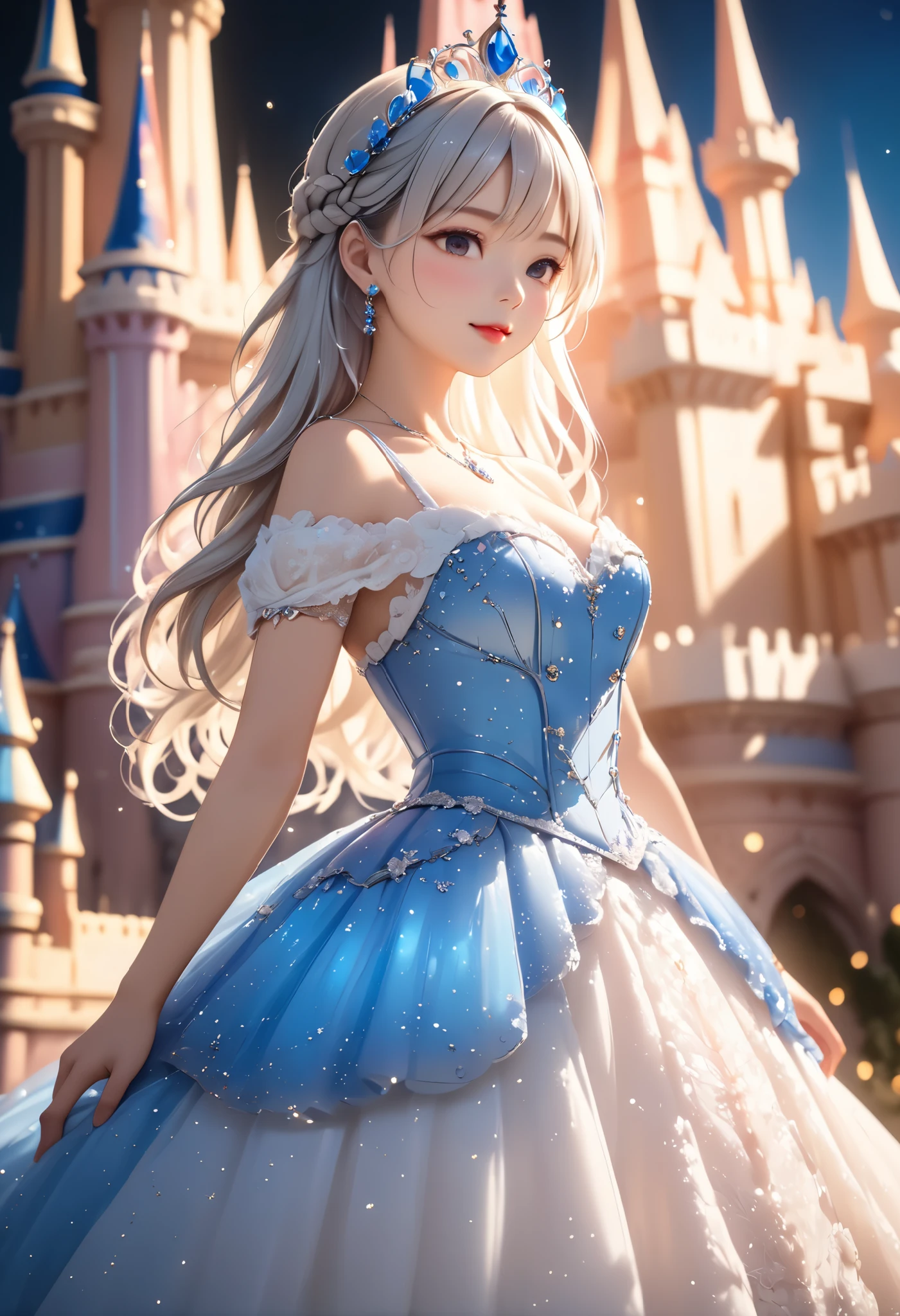 There is a woman in a blue dress standing in front of a castle - SeaArt AI