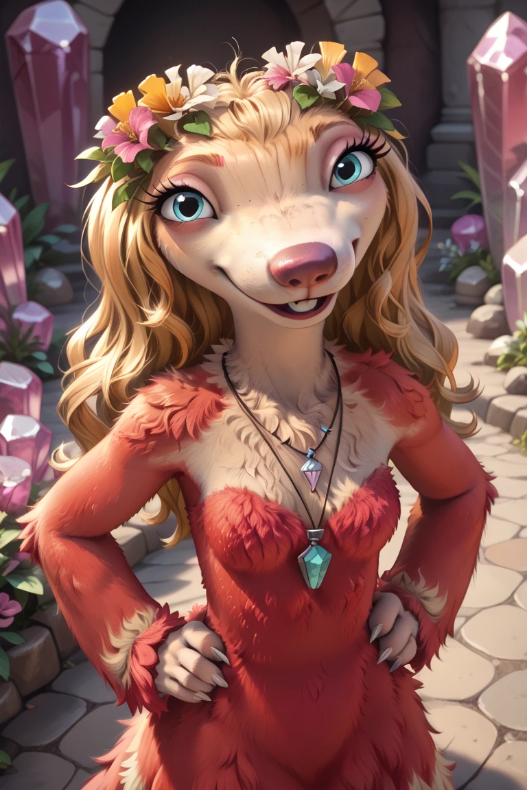 furry, anthro, female sloth, ground sloth, blue eyes, blonde hair, long wavy hair, red fur, red fur dress, blonde fur on upper body, two-toned fur, pink nose, buckteeth, hair ornament, white claws, no ear, score_9, score_8_up, score_7_up, BREAK, 1girl, solo, looking at viewer, closed mouth, cute, from above, hands on hips, head tilt, female focus, looking at viewer, pink crystal background, detailed background, 4k, masterpiece, best quality, highly detailed, realistic, cowboy shot, fluffy fur, body fur tuft, more fur, fluffy fur, detailed fur