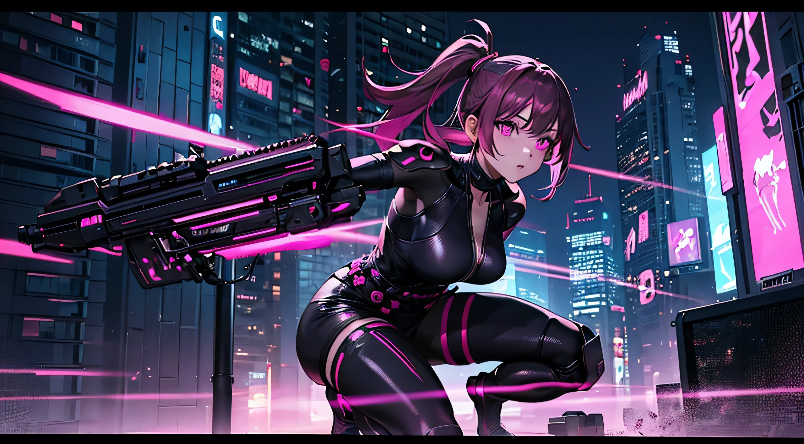 ultra-detailed,4K resolution,180mm film,A pink and black cyberpunk female ninja with a glowing syurikens. The cyberpunk landscape adds a futuristic touch to the assassin character.