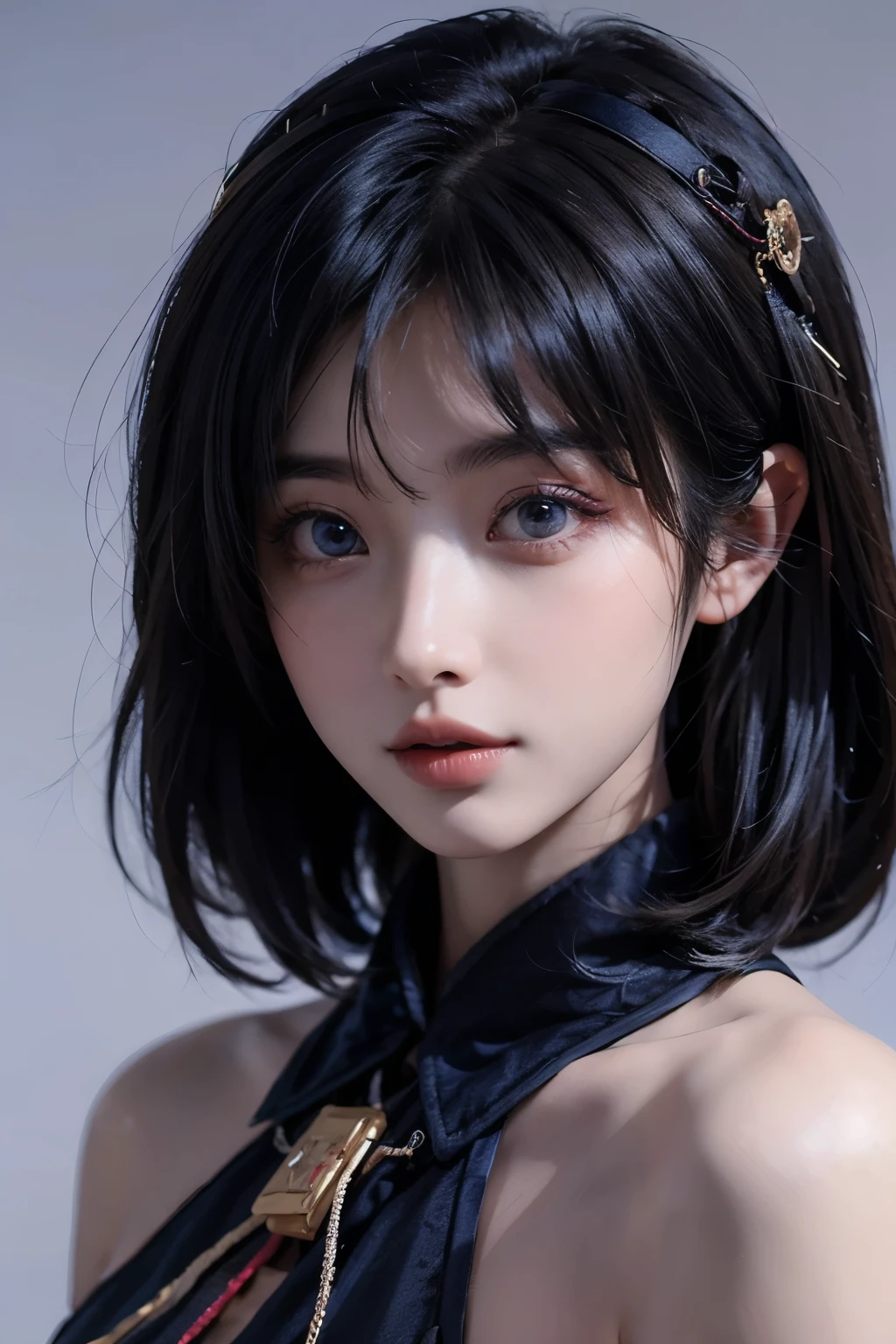 (qing guanmao:1.3),white background,simple background,(gems:1.2),hwah jah,(striped hair:1.4),embossed paper,beautiful girl,(black hair:1.3) ,(blue eyes :1.2),bare shoulder,,best quality,masterpiece,illustration,extremely delicate and beautiful,extremely detailed,CG,unity,8k wallpaper,Awesome,exquisitely detailed, masterpiece, best quality, official art, extremely detailed, absurd, extremely absurd, 8k CG unity wallpaper, huge file size, super detailed, high resolution, extremely detailed ,beautifully detailed girl, extremely detailed eyes and face, beautifully detailed eyes, face highlights,white shirt