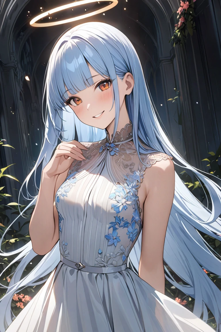 masterpiece, Highest quality, Julia Fe, One girl, alone, Long Hair, View your viewers, blush, smile, Negative Space, (Bioluminescence:1.2), darkness, Dark Background, Long sleeve, dress, Exposing shoulders, Medium chest, very Long Hair, Wide sleeves, Cape, white dress, Circlet