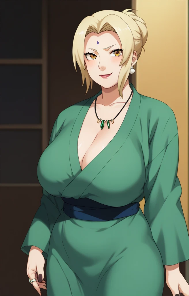 Tsunade senju,Big breast,Sagging big breast,Hitozuma,cleavage,uzumaki clan symbol in outfit,Wringkle,wedding ring,Sleeve outfit,old lady,Wringkle in face,Grandma who still have sexy body,Gilf,standing,potrait,Uzumaki tsunade,Sleeve,Wide hips,1girl,Solo,Tsunade necklace,Shirt with cleavage And uzumaki clan symbol,low bun hair,green Pearl earring,