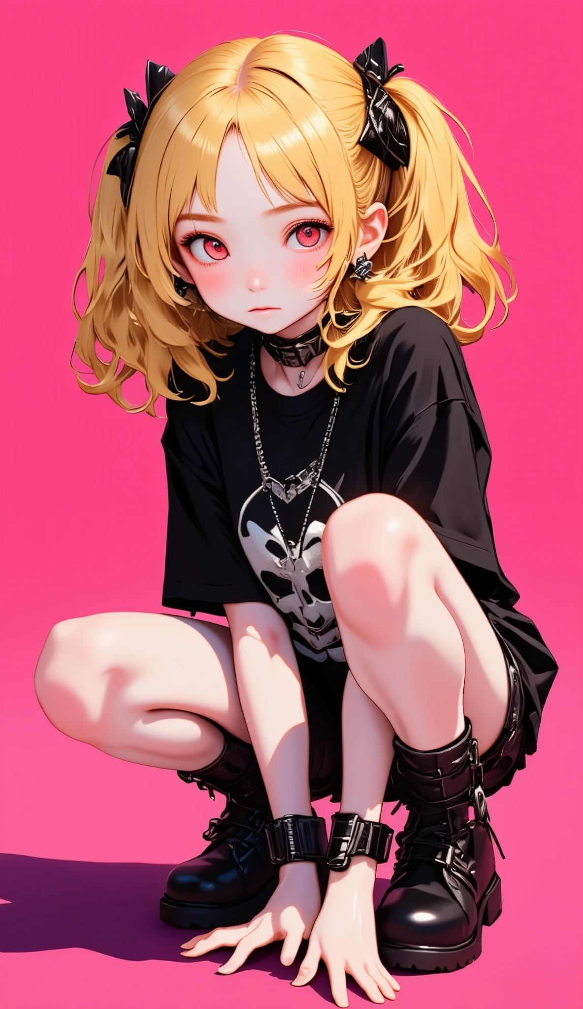  RAW photos from the last century 、Realistic、 best quality、masterpiece、B  pink background. black and white,   golden striped hair ,  super cute girl, red eyes. Squat,   gothic t-shirt  ,   Gothic Shorts  ,   black boots,  tsundere sister , ring ,   pink background,   anime art style ,  Detailed illustration ,   bright color  ,   soft writing,   focused gaze,   edgy look ,   expressive face ,   Unique style  , Eye-catching, ,   detailed hair, Realistic shadows, 8k