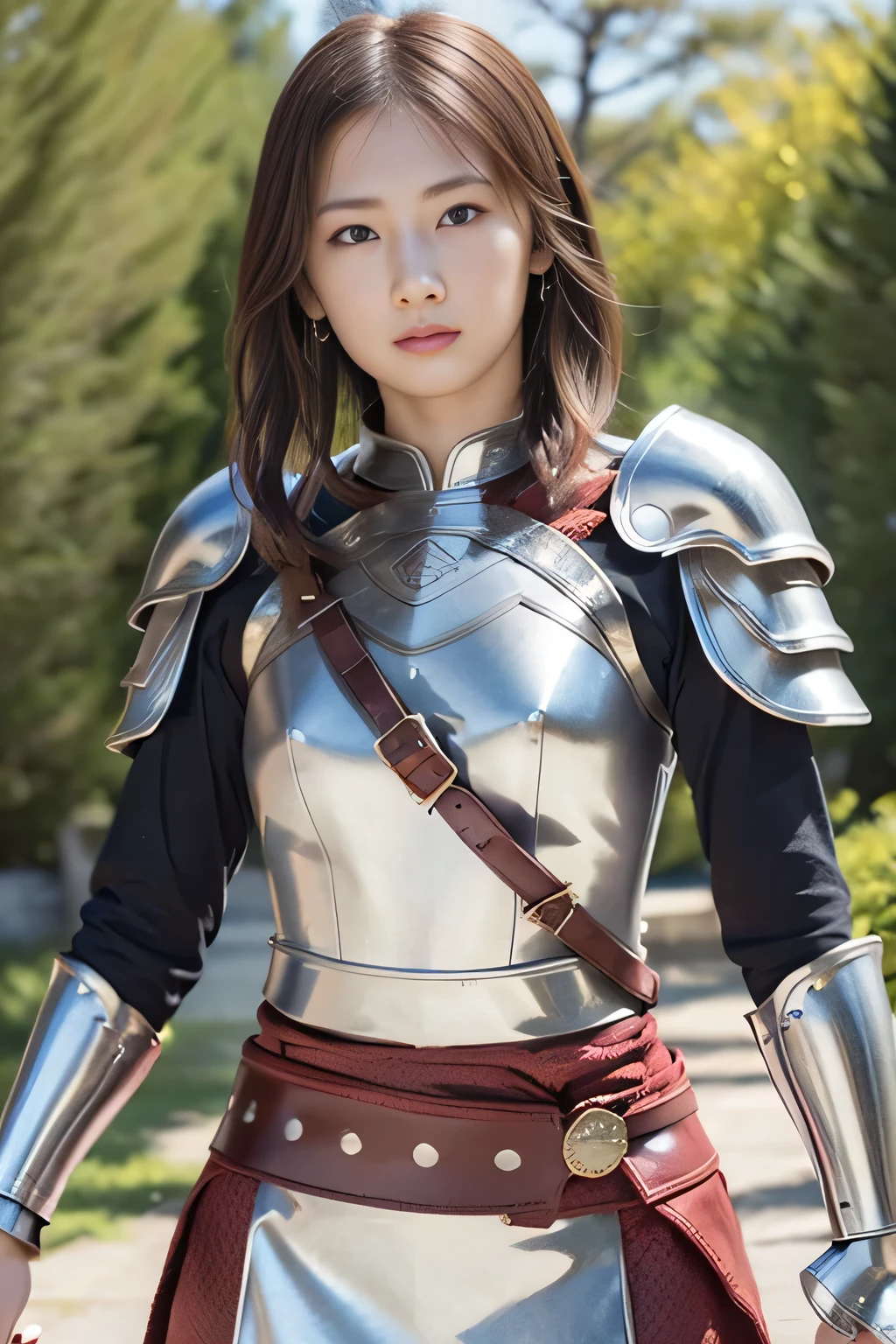 Arafed woman in armor posing for a picture in a park - SeaArt AI