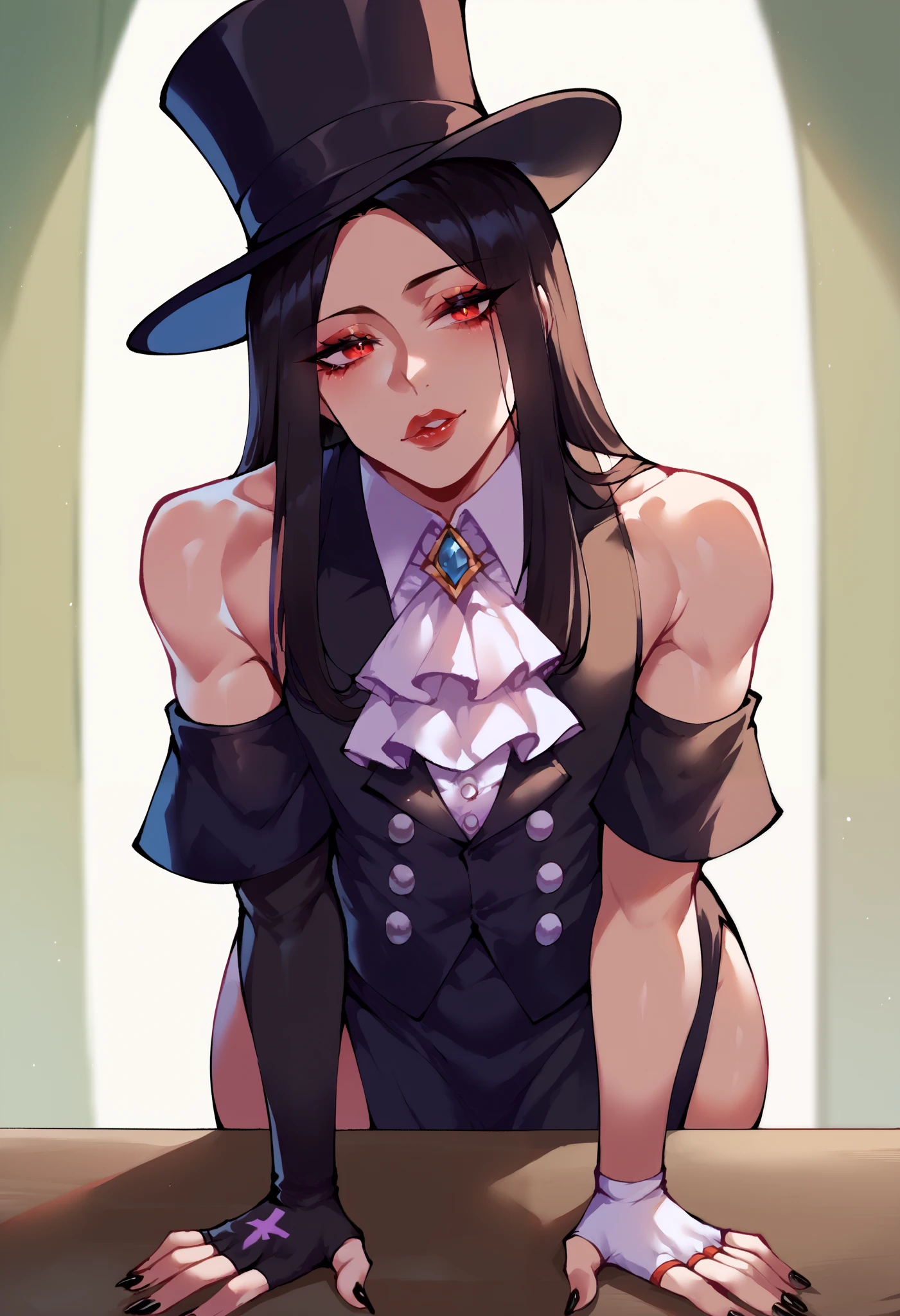 (score_9, score_8_up, seductive face, seductive expression, tall), bent over table, ggtestament formal, androgynous male, black sleeves, detached sleeves, ascot, top hat, long black skirt, side slit, fingerless gloves, bare shoulders, black nails, black hair, puffy lips, wide hips, red eyes, soft lighting, shadow, Nyantcha style, source_anime, 