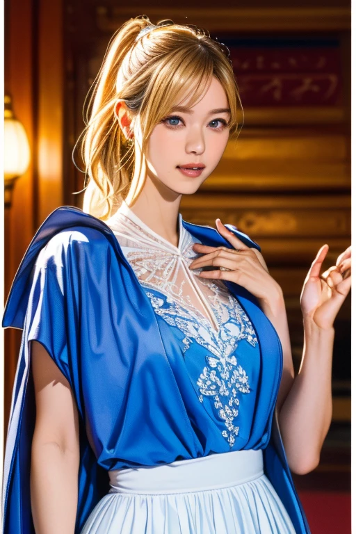 best quality, tmasterpiece,Ultra-high resolution,Clear face,（Reality：1.4），ferpect lighting，(upper body photo), (photorealistic:1.50), anime wallpaper, Guviz style artwork, cover-up fantasy up to magic , by Yang J, Guviz, beautiful artwork illustration, beautiful digital artwork, beautiful digital illustration, Li Song, beautiful anime portrait, art style in Beauvot,1girl, 独奏, short hair, (blonde hair:1.3), yellow eyes, long twintails, pointed ears, Halation, gold and purple earrings, separate sleeves, gold necklace, white and purple robe, cape on one shoulder, gold bracelet, ray of light, indoor, Background inside the house,