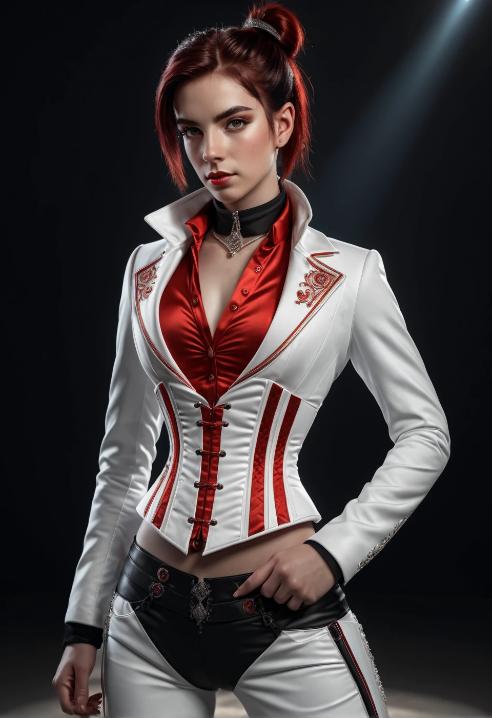  1 girl,  beautiful donkey pex portrait, Athletic ability,   white jacket,  Corset , skirt, pants,  black haired, Red Hair,  Had, compensate,  choker,  clevis,  wide hips,  volumetric lighting ,  best quality, masterpiece,  intricate detail that puts the arm in the crotch,  tone mapping,  sharp concentration, Super detailed,  trending on ArtStation, Realistic  