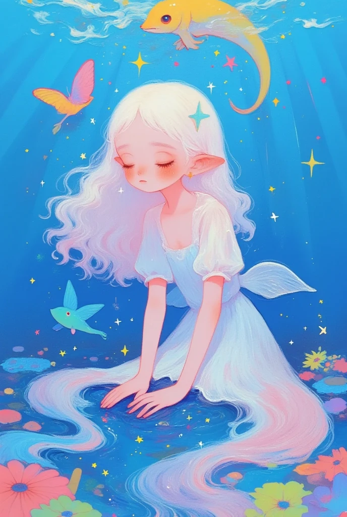  colored pencil drawing, sketch,    dream illustration soft cute anime illustration, Lowe style, Fantasy art style,  blurred and dreamy illustration。Angel who sank to the bottom of the sea