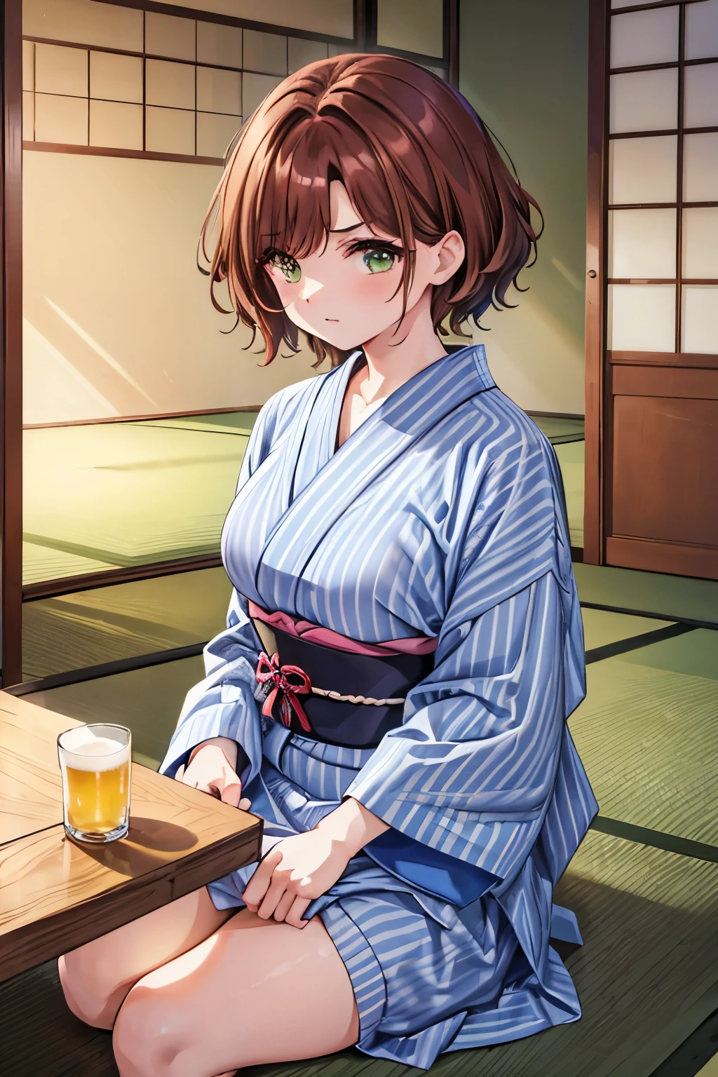 Masterpiece, hdr, bloom, 4k, Anime-style illustration featuring a beautiful female student, madokahiguchi, madoka_higuchi, short hair, black brown hair, eyebrows hidden by hair, (detailed dark green eyes), (small in stature), (slightly downturned eyes), large breast, She is wearing a white and blue striped ryokan_yukata, detailed background, look at viewer, japan tatami room, table, sitting, drinking beer, crowd