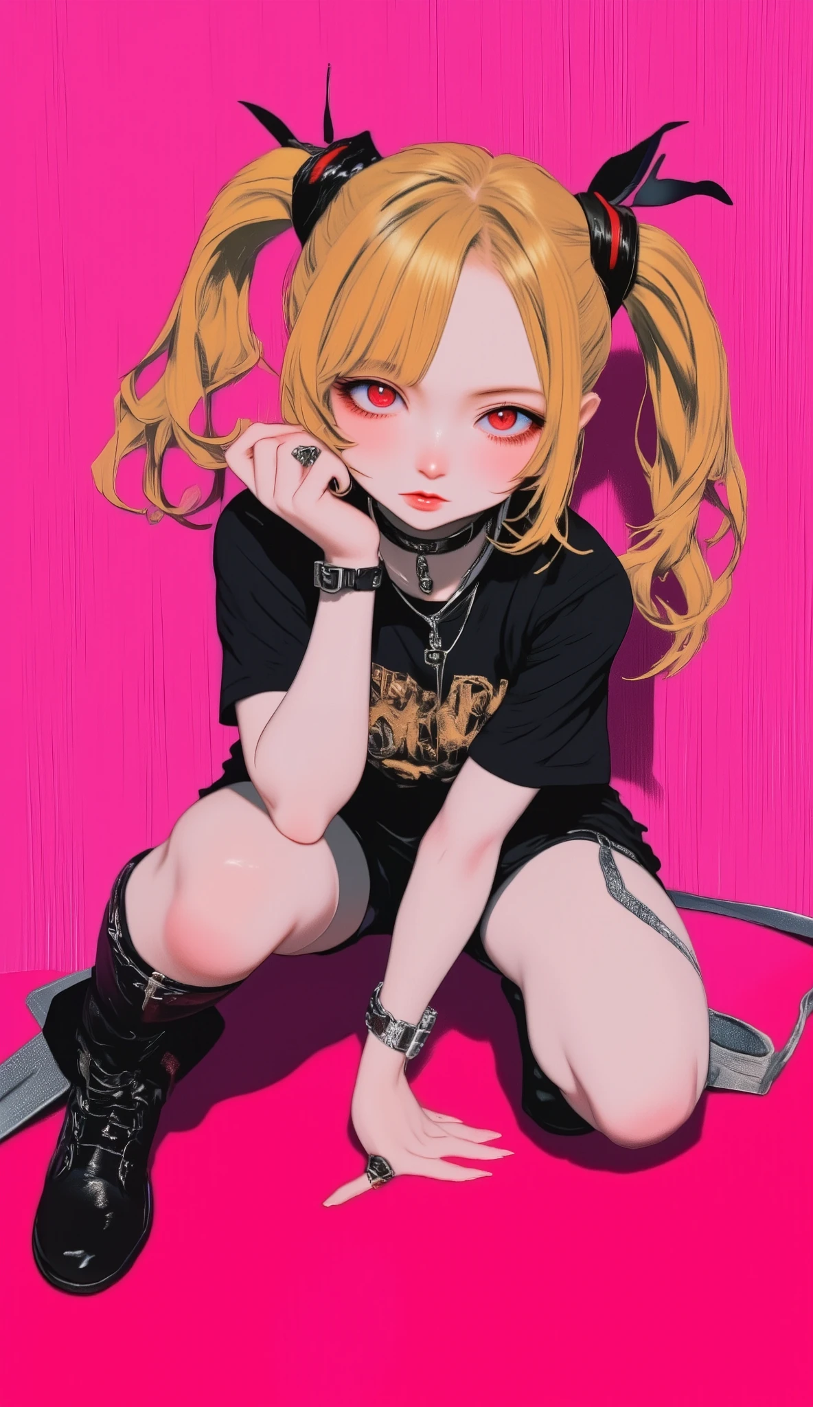  RAW photos from the last century 、Realistic、 best quality、masterpiece、B  pink background. black and white,   golden striped hair ,  super cute girl, red eyes. Squat,   gothic t-shirt  ,   Gothic Shorts  ,   black boots,  tsundere sister , ring ,   pink background,   anime art style ,  Detailed illustration ,   bright color  ,   soft writing,   focused gaze,   edgy look ,   expressive face ,   Unique style  , Eye-catching, ,   detailed hair, Realistic shadows, 8k