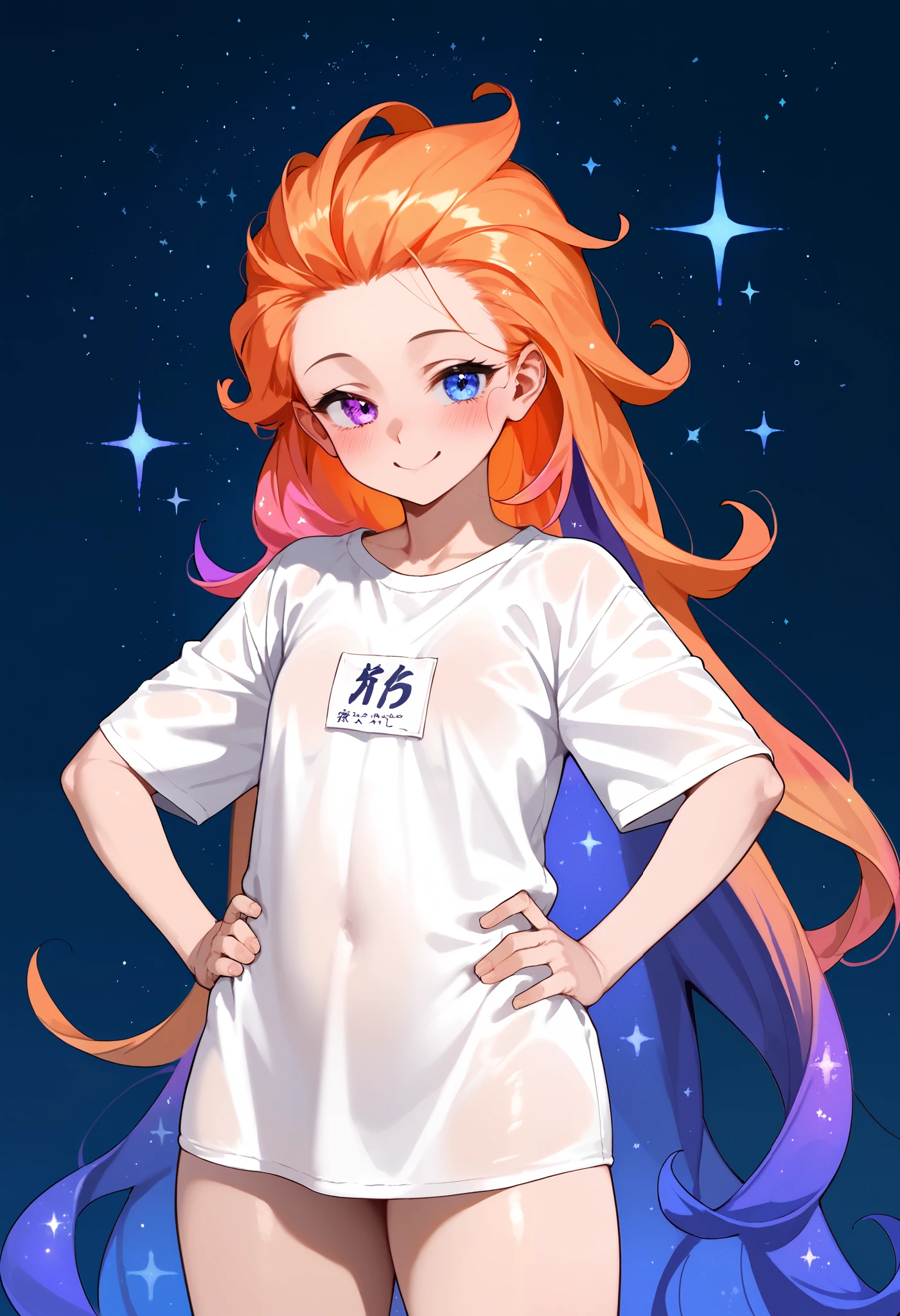 Masterpiece, best quality, Anime, 1girl, ZoeLoLXL, mature, purple eyes, (blue eye), heterochromia, orange hair, multicolored hair, gradient hair, purple hair, very long hair, forehead, small breasts, white shirt, oversized shirt, bottomless, smile, blush, cute, portrait, upper body, hand on hip, thighs, looking at viewer, leaning, nsfw, starry background, simple background, score_9, score_8_up, score_7_up, unaestheticXL_bp5