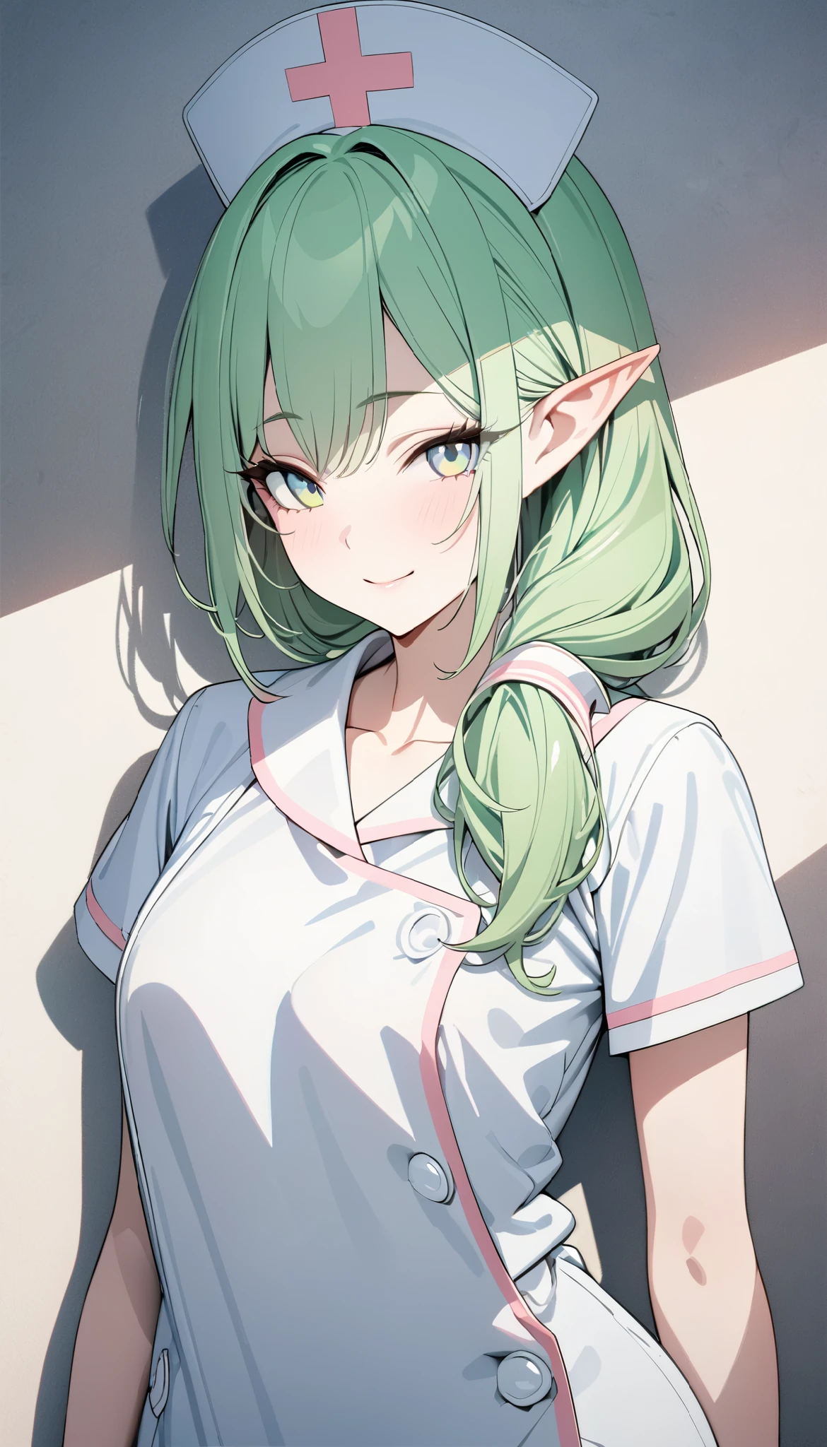 (((Best quality, 8k, Masterpiece: 1.3)), ((best quality)), ((masterpiece)), (detailed), perfect face, perfect body, (detailed skin:1.3), (intricate details), long eyelashes, solid circle eyes, light smile, green hair, hair over shoulder, long pointy ears, nurse cap, drop shadow, tachi-e, 8k, nurse, at hospital