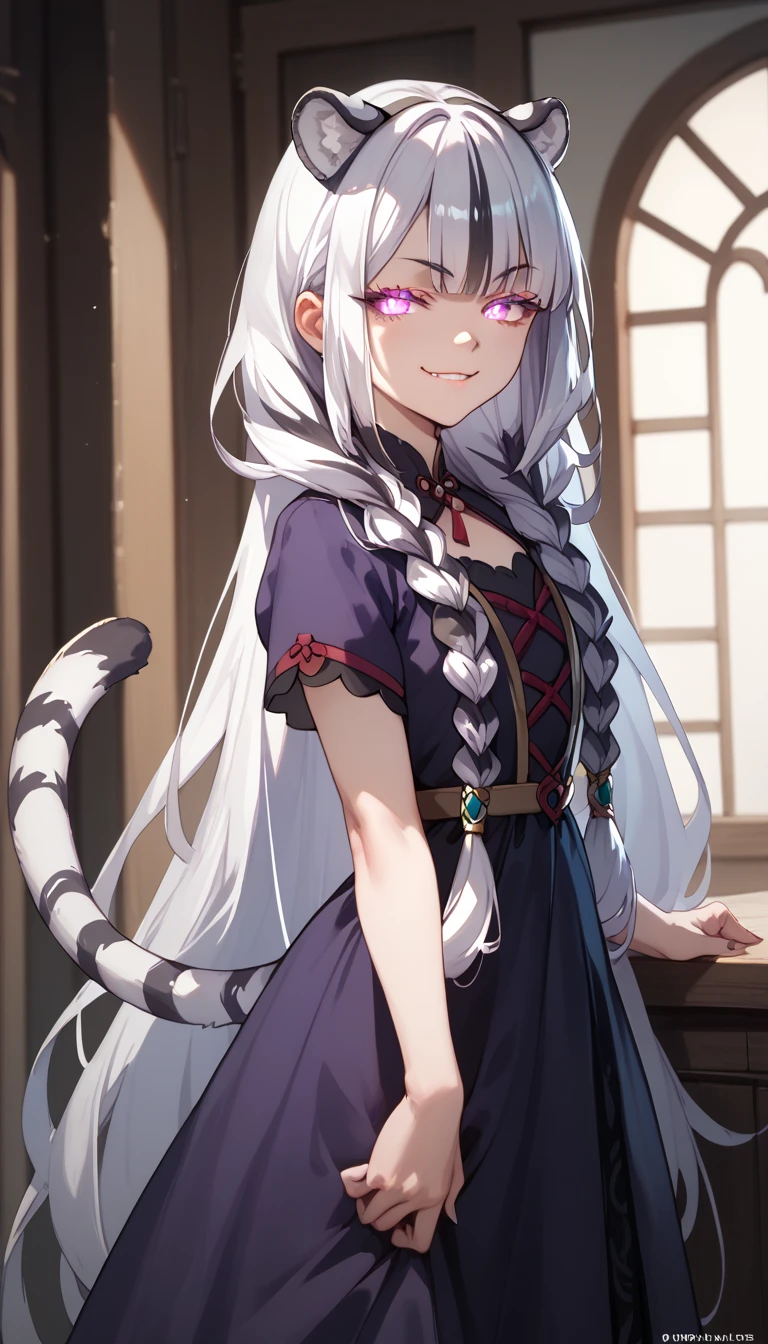 ((masterpiece)), 1girl, solo, very long hair, white tiger ears, white tiger tail, evil smug smile, low twin braids, Looking at the viewer from around the corner, glowing eyes, purple dress, black dress, multicolored dress.