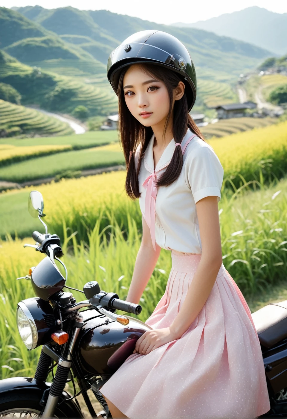  Japanese high school girl in the countryside 、 poor but filial piety 、 Beautifully Contoured Eyes 、 beautifully contoured lips 、 beautifully contoured eyes {x} eyes and face are drawn in very detail、 long eyelashes 、Full body skirt image 、Ride a big motorcycle from the countryside to the city 、 wear a cute pink helmet and warm sunshine、natural color tones、 full body landscape 、Herumetto pinku ni ．Best Quality、4K、8k、