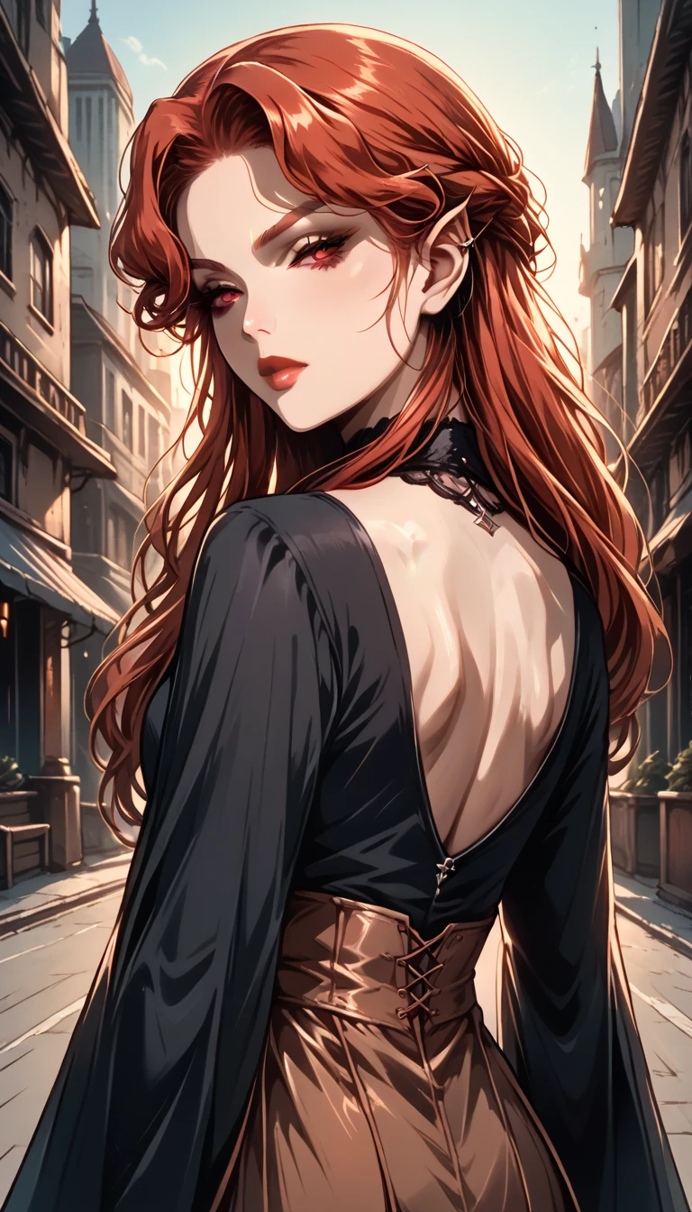 masterpiece,   high quality , 
   realistic photo   ,  Sacimaer   ,    face vibrant colors  ,    Light-Dark Lighting   ,      cannabis-themed   ,
1 woman,   detail inspired by the Lenore black blouse    ( from Castlevania Netflix   )
long  red hair,  red hair,    red eyes    ,
 Back View,    and small brown panties , Press the  ,
gothic city,buildings,
seductive pose,    dramatic angle   ,