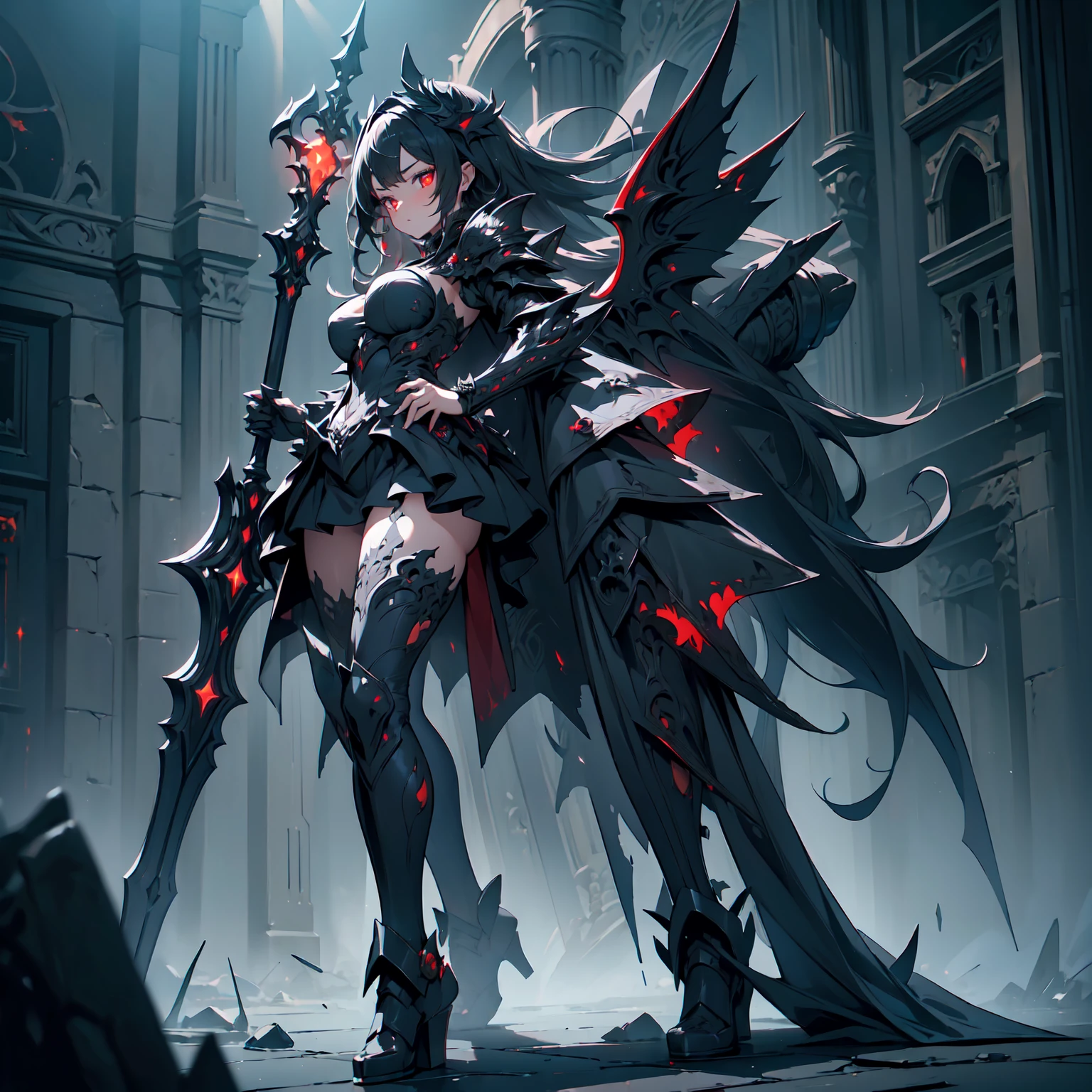 (Tabletop), (Perfect athletic body:1.2),  whole body, Knight of the Mechanical Life Form, Feminine body type, Black Armored, Holding a scythe, Red Six Eyes, Fangs facing large jaws, High heel boots, Mechanized limbs, White Background, whole body, Standing in the Wilderness