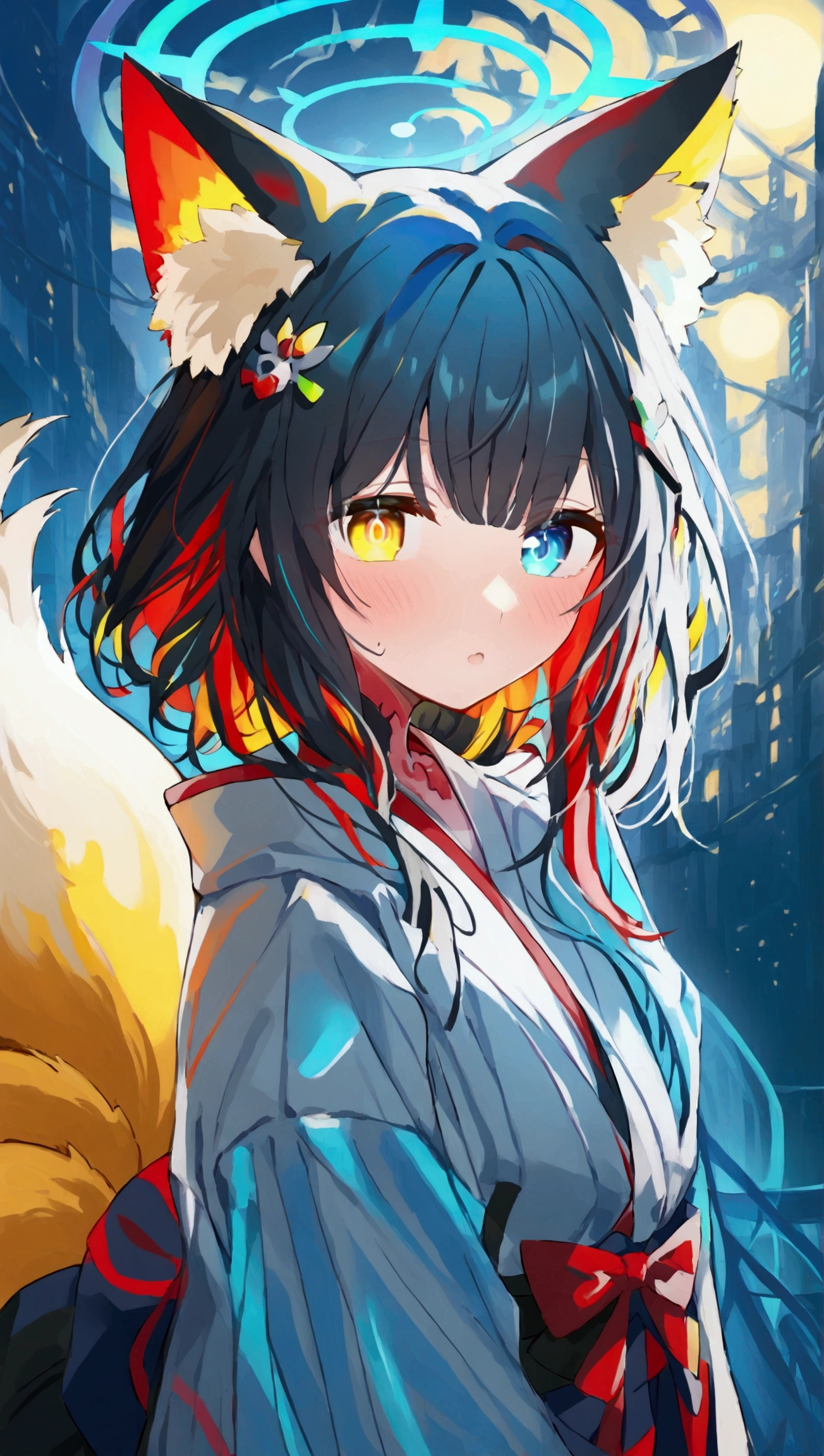 4girls, same character ideas, full body, perked fox ears, nine fox tails, white kimono with black details and transparent veil covering the arms, blue halo, heterochromia (bluish-green left eye scarlet red right eye), long white hait with soft pink tint, bluish-green flames around the character, shiroko_terror_\(blue_archive\), wakamo, yellow eyes, black hair, very long hair, colored-inner hair, multicolored hair, fox ears, fox tail, halo, hair ornament, bow tail, cyberpunk, steel sirens,