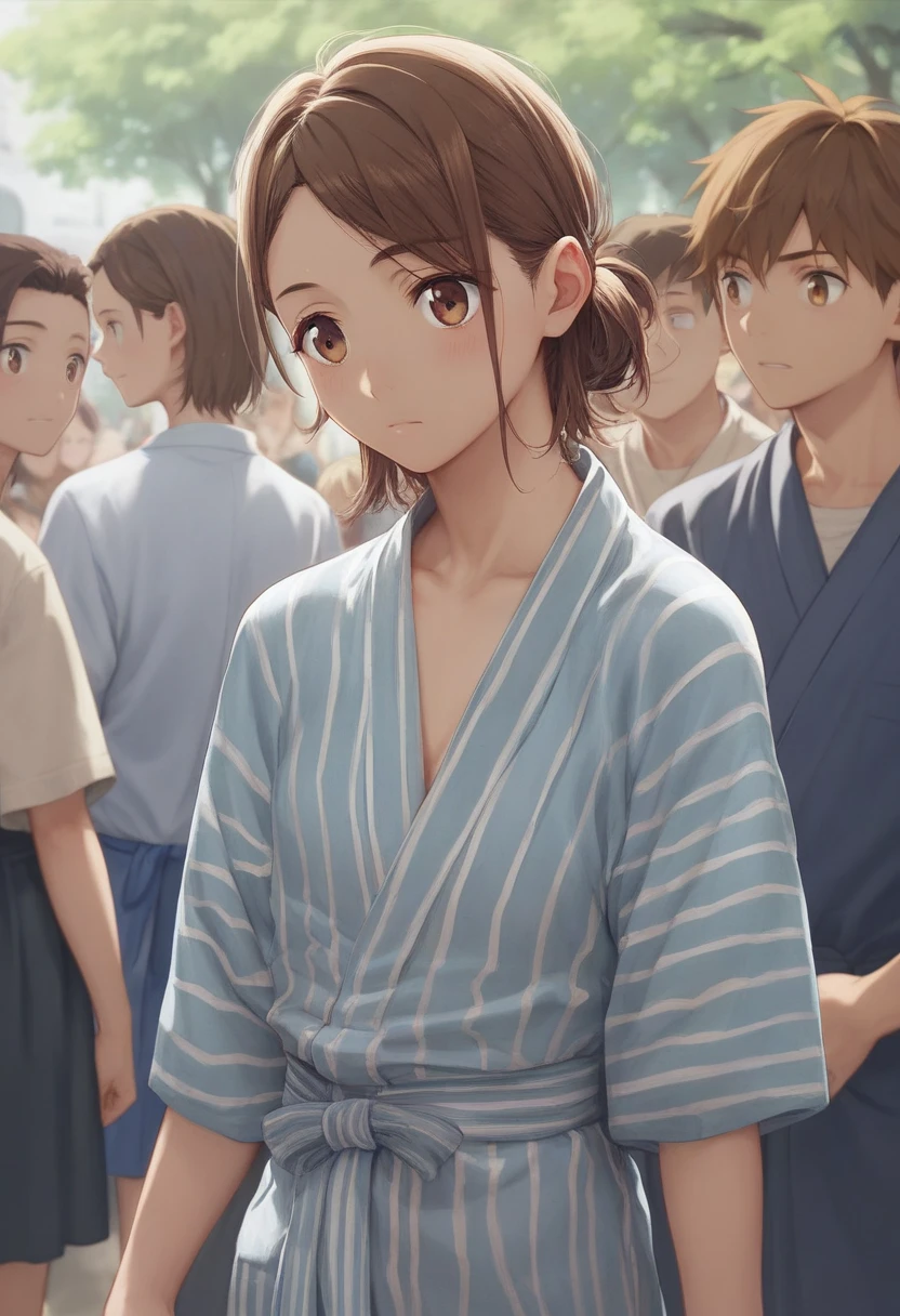 (( Masterpiece」)) , (I&#39;ll borrow her) , ((Chizuru Mizuhara)) , ( brown hair) , ( Light Brown Eyes ) , ( Detailed Art Style) , ( several people having fun with each other while having very detailed ) ,  Viewers,  smiles lightly,Chizuru Mizuhara,  brown hair,  Light Brown Eyes ,Yukata、hostel