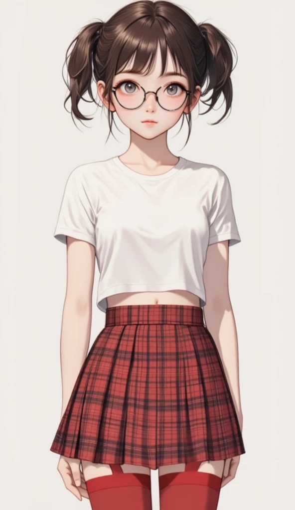   High image quality  、masterpiece、Realistic、  perfect anatomy,  Teenage Girls  ，cute***、超cute、Where's the hair   、Very short，、zoom、cute、 gray eyes、、   twin tails、Glasses、   white t-shirt、(     gingham check culotte skirt:1.37)，Red Stockings、  red garter belt、belly button，blank，  Black Light 