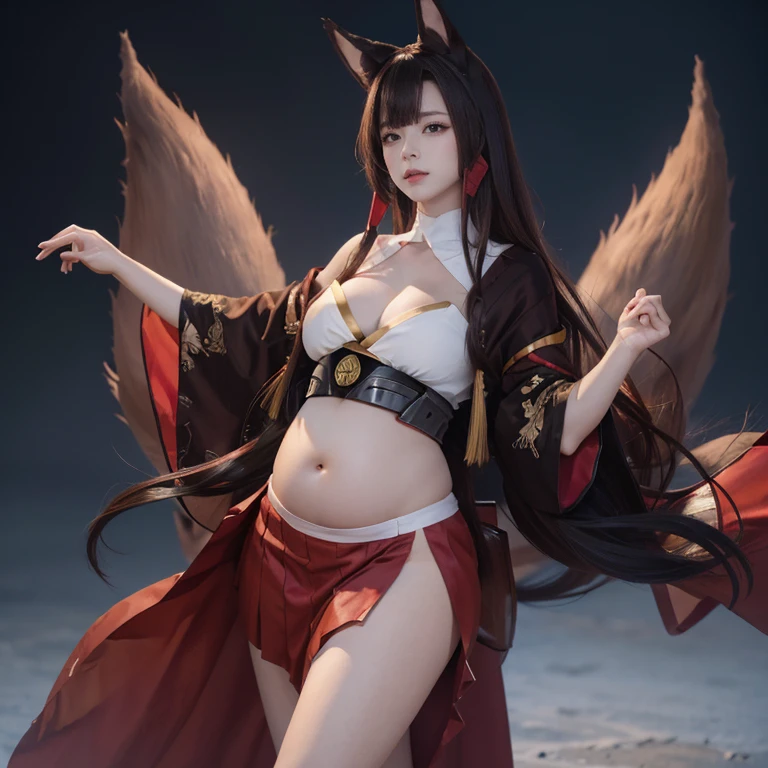 Akagi (Azur Lane), foxgirl, 9 tail, long hair, brown hair, red eyes, makeup on eyes,brown half red kimono, belly exposed, pregnant, round fat belly, red skirt, red hair clips, red skirt, metal sash, standing, simple background