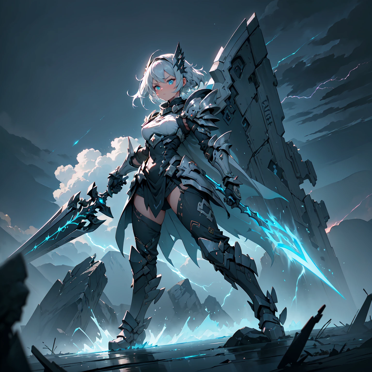 (((masterpiece, best quality, 16k)))((full body shot)) of a girl in electrifying, futuristic armor with sleek silver and blue accents, standing in a stormy, electrified sky. She has short, spiky platinum blonde hair and piercing, electric blue eyes. Her skin has a faint, radiant glow, and she is adorned with intricate lightning bolt motifs. She holds a magnificent staff crackling with arcs of lightning, emitting a powerful, electric aura. The atmosphere is {charged|awe-inspiring}, with thunderclouds and bolts of lightning illuminating the scene. The ground beneath her is charged with static electricity, creating a shimmering effect and adding to the electrifying ambiance. Surrounding her are swirling storm clouds and bursts of lightning in shades of {blue|white}, casting a dynamic, electrical glow. The background features towering, swirling storm formations and glimpses of a distant, lightning-lit castle, hinting at a kingdom ruled by thunder and lightning. The scene is intense and majestic, with her face showing a confident yet serene expression, her eyes focused intently on harnessing her power.

[Best quality], [Masterpiece], [Ultra-detailed], [4k], {charged|awe-inspiring} atmosphere, stormy sky, {dynamic pose|commanding pose}, electrified illumination, {soft shadows|dramatic lighting}, {charged ground:0.7}, {swirling storm clouds:0.6}, {bursts of lightning:0.5}, {storm formations:0.4}, {lightning-lit castle:0.3}.