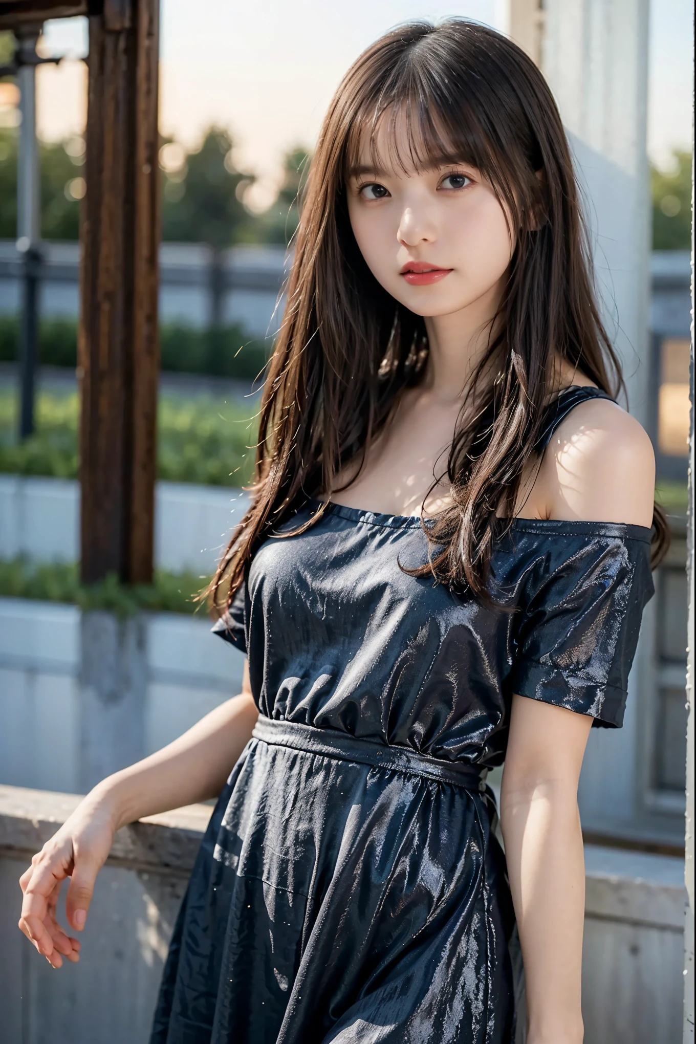 best quality、8K,masterpiece、、超 Hi-Res、( photorealistic :1.4)、Original photo、 1 girl、 long hair with dark brown hair、 shiny skin、 1 girl,( wear a blue glittering evening mini dress:1.2),( RAW Photos, best quality), (Realistic, photo-Realistic:1.4), masterpiece, extremely delicate and beautiful, very detailed, 2k wallpaper, wonderful, detailed , very detailed CG unity 8k wallpaper, Super detailed, Hi-Res, Soft light, beautiful detailed girl, very detailed eyes and face, beautiful detailed nose, beautiful detailed eyes, Movie Lighting, City lights at night,Slender body,( long hair with bangs ), big breasts at the temple:1.3, whole body:1.3, leaning against a wall, ( slouching forward),