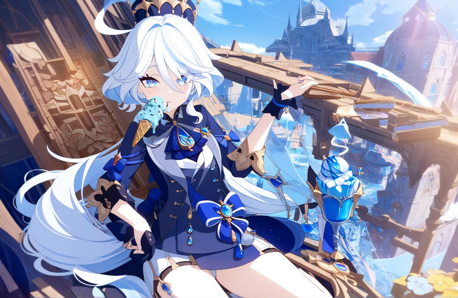 1girl, white hair, long hair, furina, genshin impact, open clothes, topic, skirt, looking at viewer, eatin ice cream sitting on a build edge, masterpiece, 8k, ultra-detailed, highres, magical girl