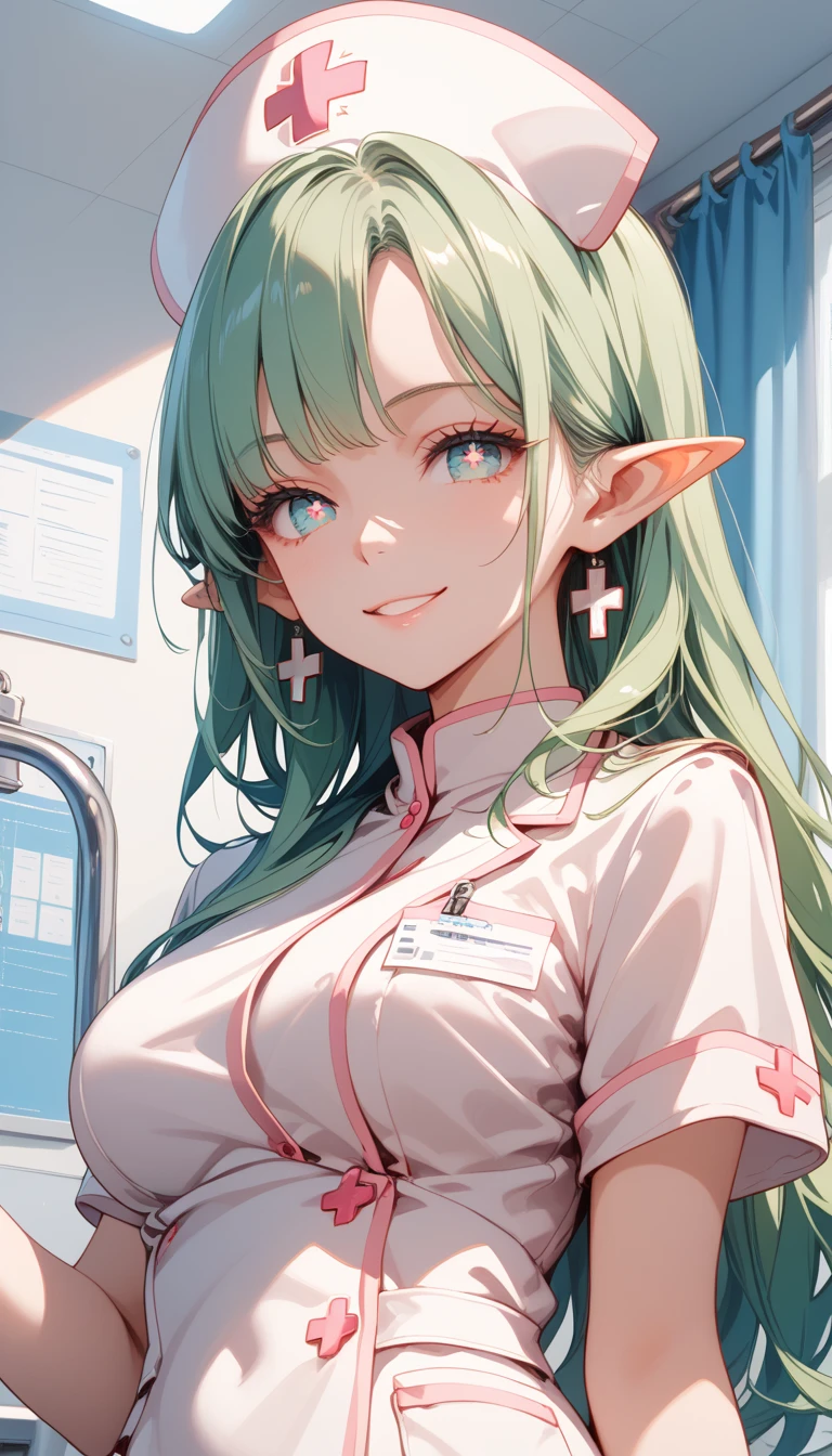 (((Best quality, 8k, Masterpiece: 1.3)), ((best quality)), ((masterpiece)), (detailed), perfect face, perfect body, (detailed skin:1.3), (intricate details), long eyelashes, solid circle eyes, light smile, green hair, hair over shoulder, long pointy ears, nurse cap, drop shadow, tachi-e, 8k, nurse, at hospital