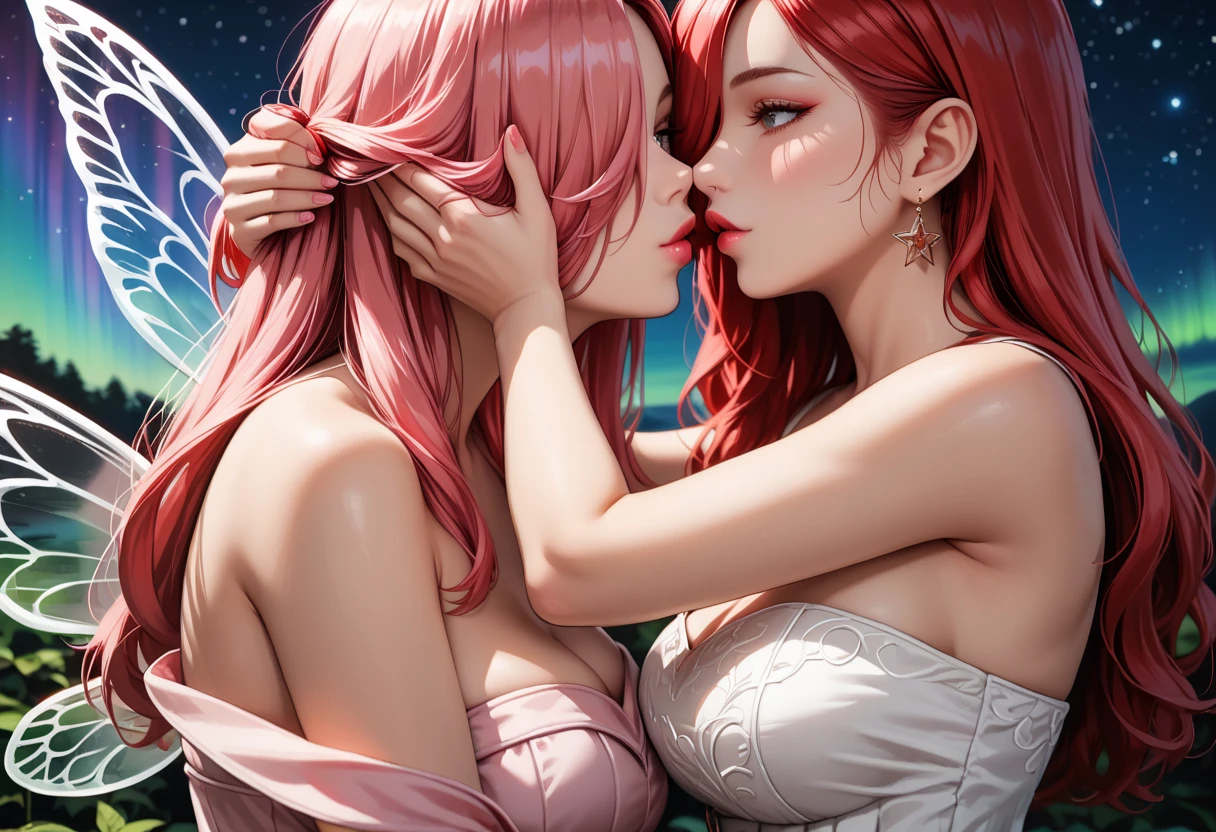 score_9, score_8_up, score_7_up, 2girls {Afemale_and_Bfemale}, Tag1: {Afemale: Adult, Mature, Curvy, Elf Woman: 1.3, (Long Red Hair over one eye: 1.6), wearing a (White Off Shoulder Sleeveless Gown and Black Stiletto High Heels: 1.3), Fairy Wings: 1.3, Bare Arms: 1.3, curvy: 1.3} and Tag2: {Bfemale: Adult, Curvy, Mature, Elf Woman: 1.3, (Long Pink hair over one eye: 1.3), wearing a (Pink Off Shoulder Sleeveless Gown and Pink Stiletto High Heels: 1.3), Fairy Wings: 1.3, Bare Arms: 1.3, curvy: 1.3}, Flying in sky over lake surrounded by stars and aurora, holding close, Standing, Pressing Close, (hand in hair: 1.3), (About to Kiss: 1.6), (Breath Visible: 1.3), eyes half open,: 1.3, Medium Breasts: 1.3, (Close-up: 1), extremely detailed, ray tracing, RTX, high saturation, high contrast, photon mapping, (sharp image), (best quality), (detailed background), (intricate details)
