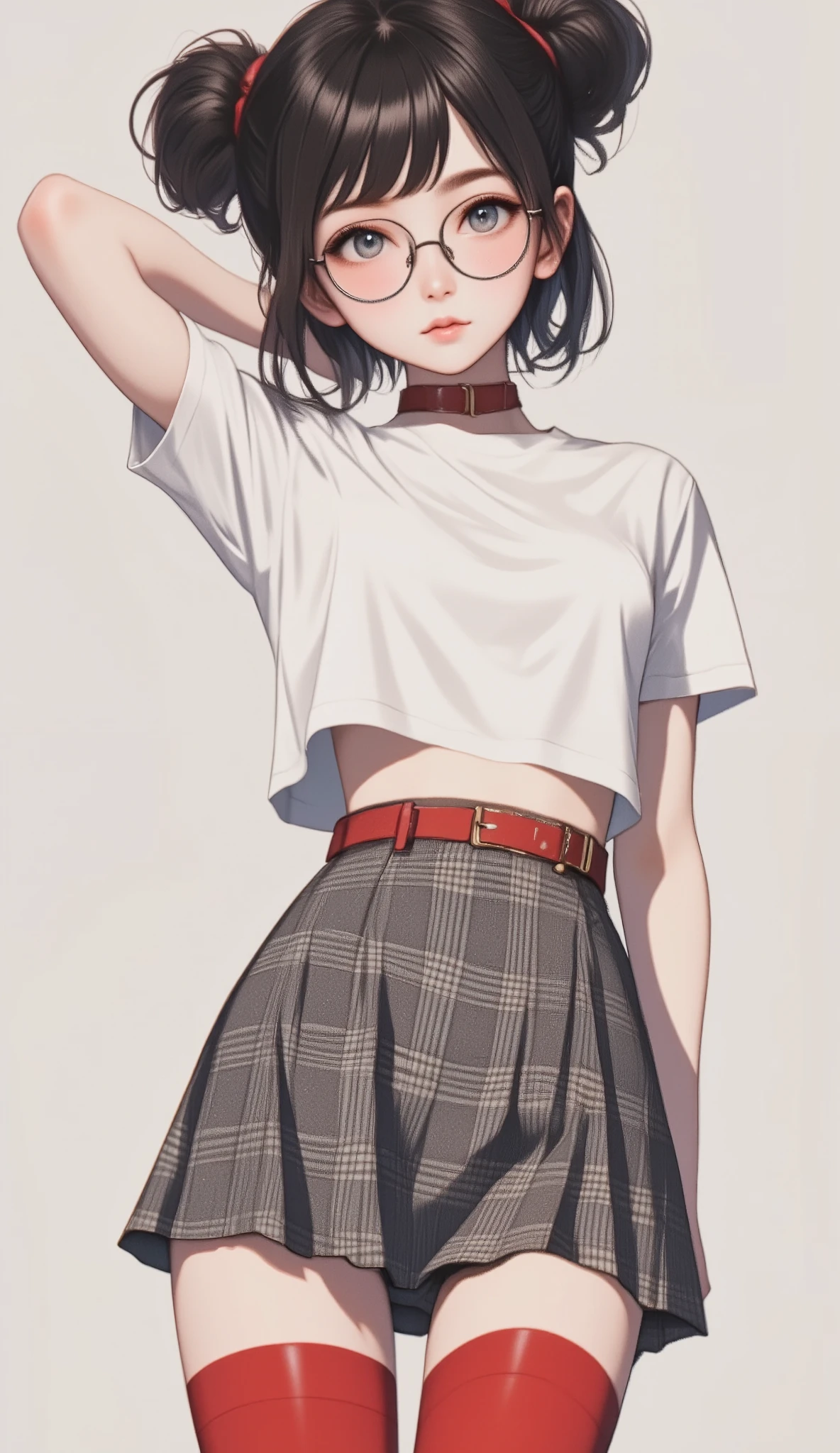   High image quality  、masterpiece、Realistic、  perfect anatomy,  Teenage Girls  ，cute***、超cute、Where's the hair   、Very short，、zoom、cute、 gray eyes、、   twin tails、Glasses、   white t-shirt、(     gingham check culotte skirt:1.37)，Red Stockings、  red garter belt、belly button，blank，  Black Light 