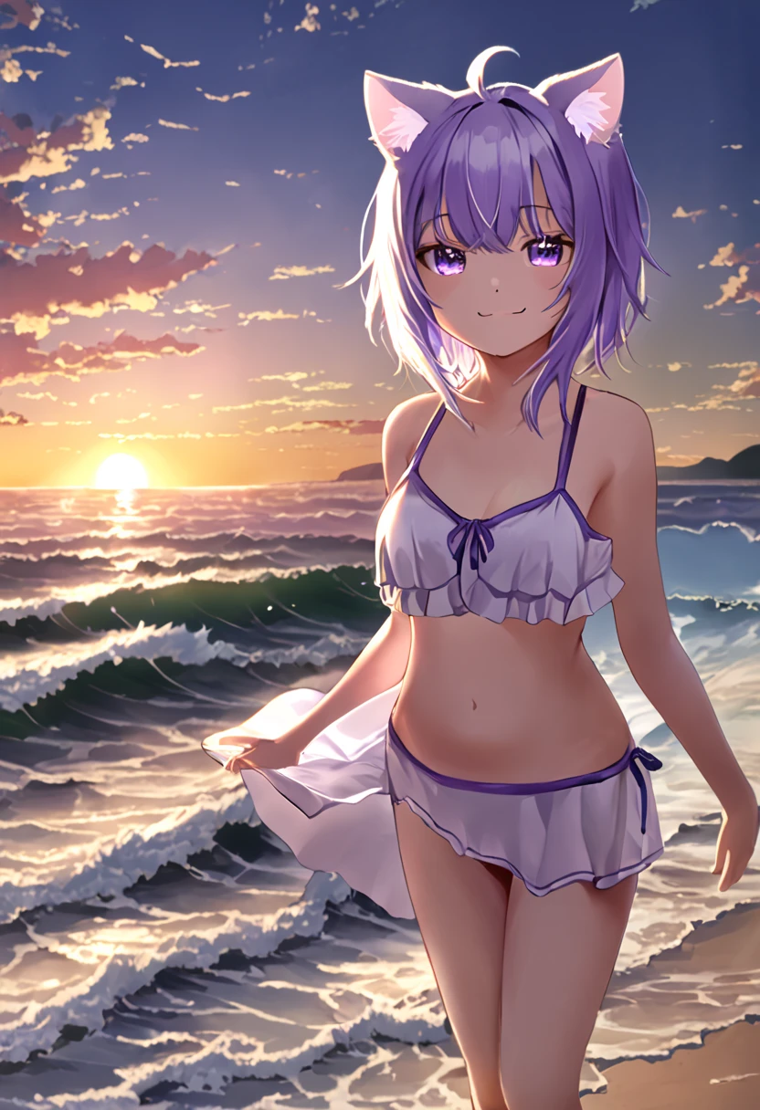 1 girl、ho****ve、Nekomata okayu、 animal ears 、solo、Purple Eyes、Purple Hair、Cat ears、ahoge、 animal ears の綿毛、chest、Hair between the eyes、Cat Girl、evening、beach、sunset、bikini、 swimsuit、 flip flops through the waves、左手で flip flops through the wavesを持っている、wind、右手でwindになびく髪を抑える、Smiling Kindly、null、sunset、Water&#39;s Edge、 standing