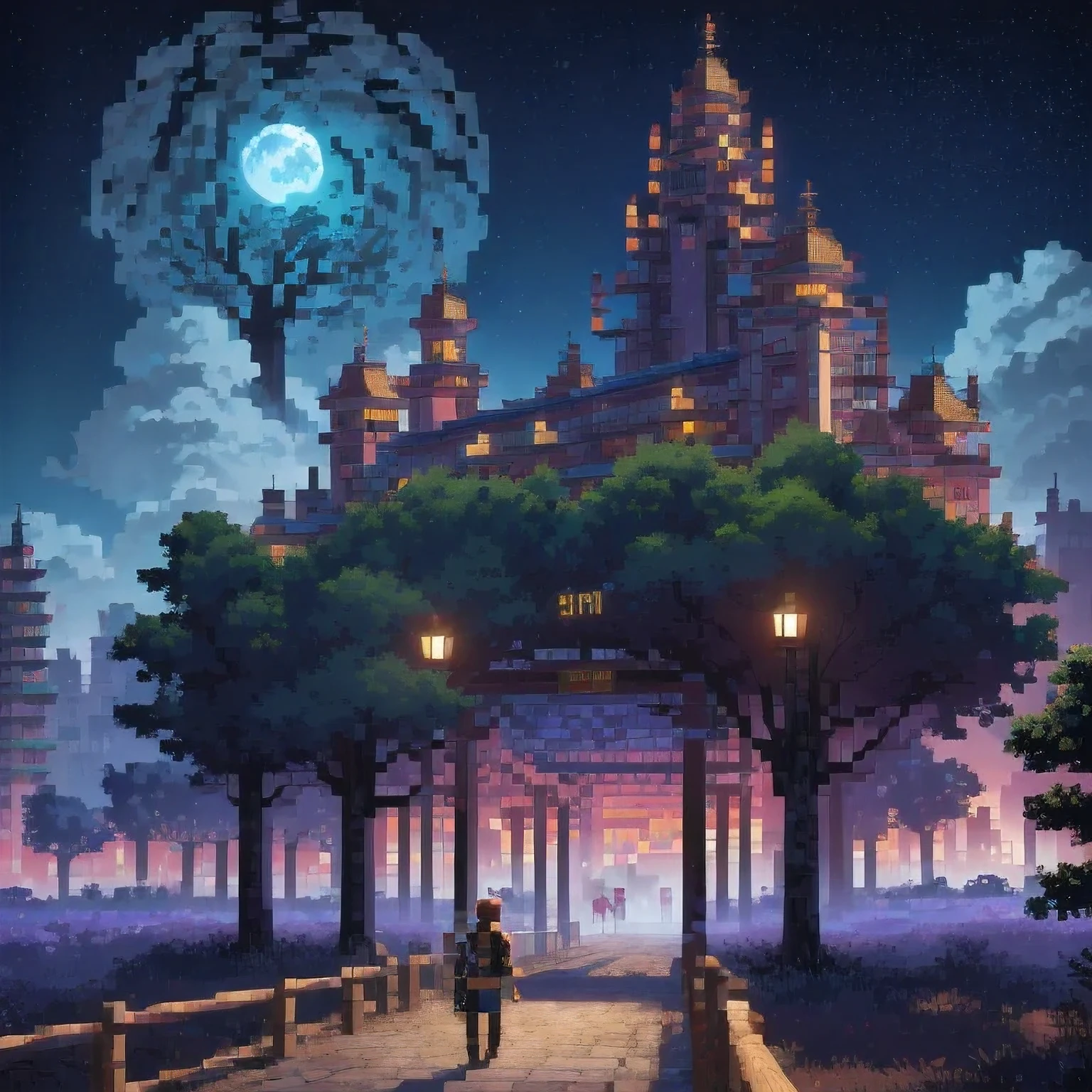 ((紫粉 City : 1.5)), (masterpiece), ( is the best quality: 1.0), ( Ultra High Resolution : 1.0), Detailed illustrations, Detailed Scenery , vibrant colors 紫粉 walking through the city, 8 K, night, Moon Clouds , ((magic, beautiful , Trees: 1.4 )), (( is the best quality, vibrant , 32 k Clear Lighting Effects )).
