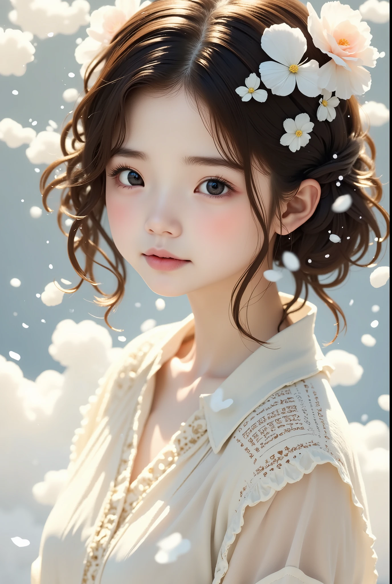  creates a fantastic image of a dreamy girl ,   gives a cloud-like appearance  . she、 natural and joyful expression ,  foggy aura ,  fragments of clouds blend into her hair and clothes . Her expression is thoughtful、It should be introspective ,  The overall atmosphere of the image evokes a sense of mystery and serenity.