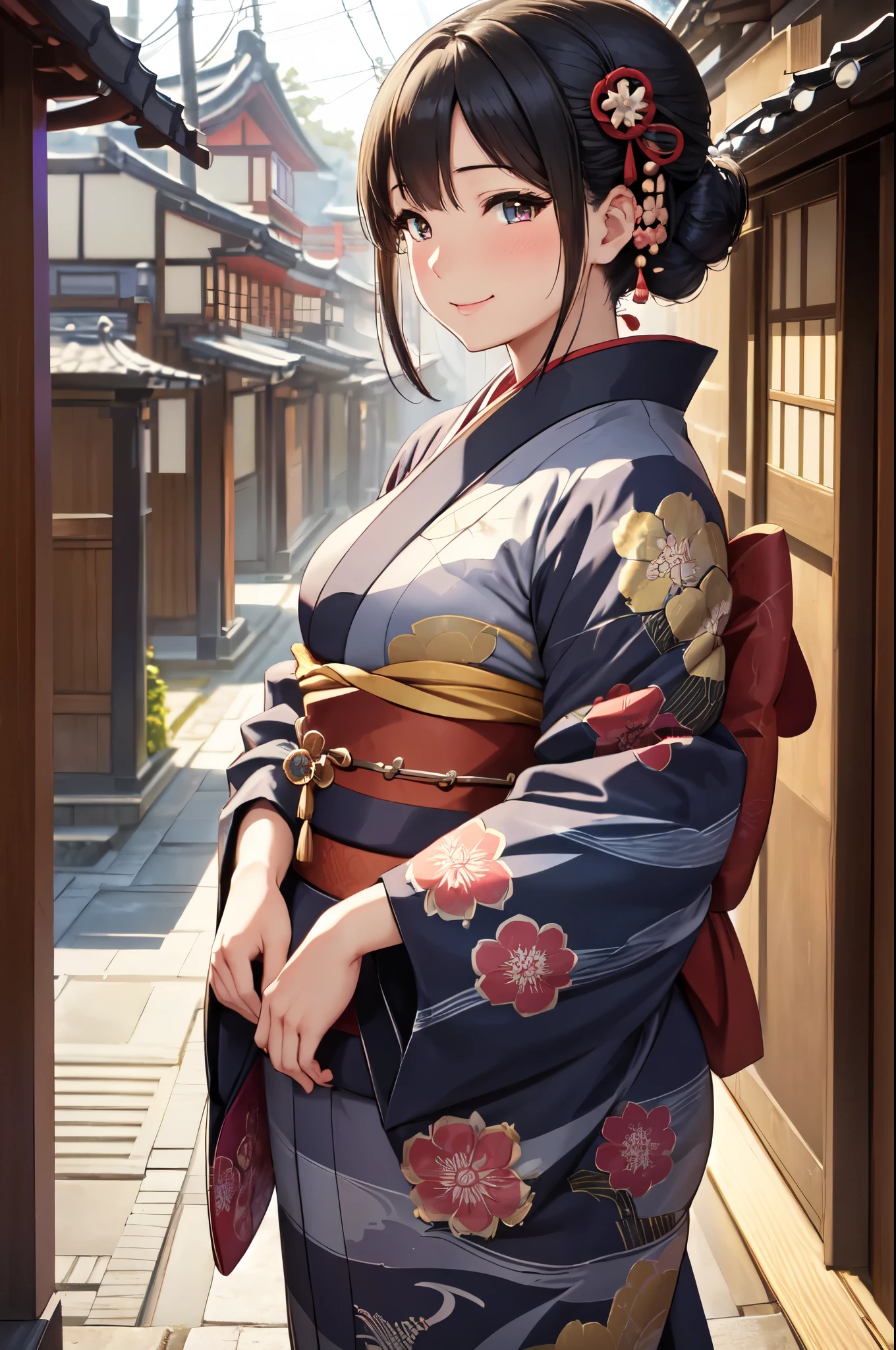 ((ultra detailed, exquisite quality, absolutely resolution)), (anime moe art style), (((Edo Town Girl))), ((huge breasts)), super detailed skin, super delicate beautiful face, kawaii face, very kawaii face, (caustics), (sharp focus), ((full body)), (isometric 3D, Octane Render), ((photorealistic background)), Japanese tradition, Japanese traditional aesthetics