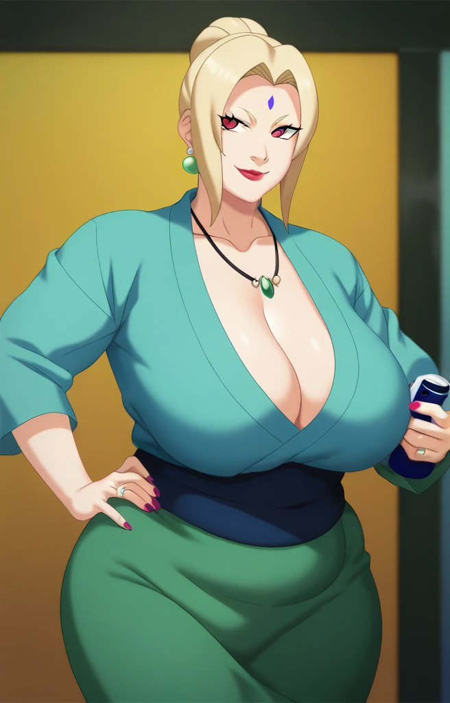 Tsunade senju,Big breast,Sagging big breast,Hitozuma,cleavage,uzumaki clan symbol in outfit,Wringkle in mouth,wedding ring,Sleeve outfit,old lady,Wringkle in face,Grandma who still have sexy body,Gilf,standing,potrait,Uzumaki tsunade,Sleeve,Wide hips,1girl,Solo,Tsunade necklace,Shirt with cleavage And uzumaki clan symbol,low bun hair,green Pearl earring,Hair behind ear,Colorless mouth,Blond hair,side burn hair,Blunt hair