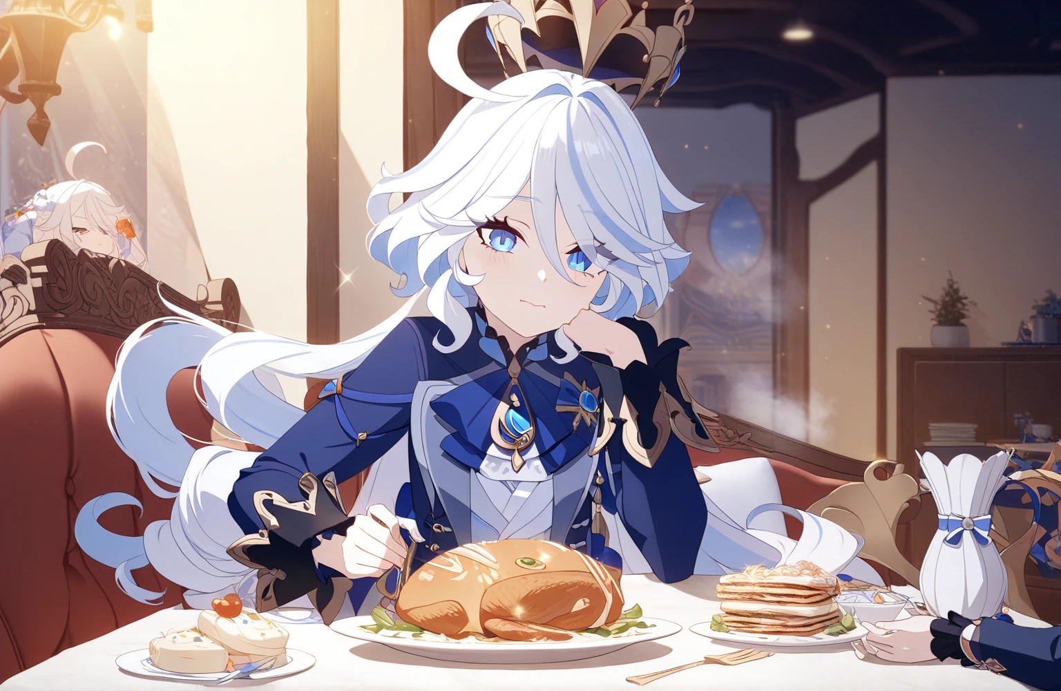 1girl, white hair, long hair, furina, genshin impact, open clothes, topic, skirt, looking at viewer, eatin makaroni sitting on dinner table at 16:00am  edge, masterpiece, 8k, ultra-detailed, highres, magical girl, simple food