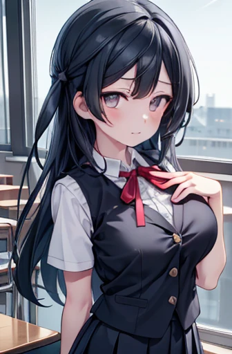 setunayuuki, Setsuna Yuuki, ( dark eyes:1.5),  black hair, Long Hair,  One side up, (medium breast:1.2), 
break armband, Blue vest, button, collared shirt, dress shirt, grey skirt, neck ribbon, nijigasaki academy  school uniform, Check pattern, Check pattern skirt, pleated skirt, red ribbon, ribbon,  school uniform, shirt, Short sleeve, skirt,  summer uniform, vest, white shirt,
break looking at viewer, 
break indoors, classroom, 
break (masterpiece:1.2),  best quality,  Hi-Res,  Unity 8K Wallpaper, (Illustration:0.8), (beautiful detailed eyes:1.6),  Extremely Detailed Faces,  full light,  extremely detailed CG, (  perfect hands , perfect anatomy), Very Big Breasts、