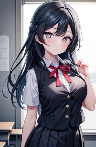 setunayuuki, Setsuna Yuuki, ( dark eyes:1.5),  black hair, Long Hair,  One side up, (medium breast:1.2), 
break armband, Blue vest, button, collared shirt, dress shirt, grey skirt, neck ribbon, nijigasaki academy  school uniform, Check pattern, Check pattern skirt, pleated skirt, red ribbon, ribbon,  school uniform, shirt, Short sleeve, skirt,  summer uniform, vest, white shirt,
break looking at viewer, 
break indoors, classroom, 
break (masterpiece:1.2),  best quality,  Hi-Res,  Unity 8K Wallpaper, (Illustration:0.8), (beautiful detailed eyes:1.6),  Extremely Detailed Faces,  full light,  extremely detailed CG, (  perfect hands , perfect anatomy), Very Big Breasts、