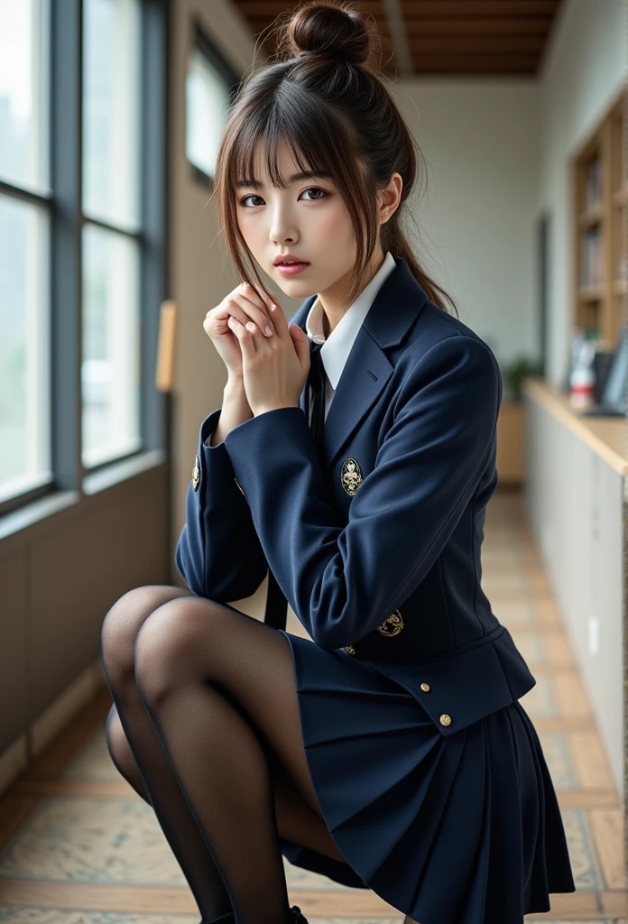 beautiful meticulous girl, very detailed eyes and face, beautiful detailed eyes, ridiculous, incredibly ridiculous, huge file size, super detailed, high resolution, very detailed, best quality, masterpiece, kemomimi, ((Japanese girls' high school uniform)), illustration, very detailed, CG, unity, 8k wallpaper, amazing, fine details, masterpiece, best quality, very detailed CG uniform 8k wallpaper, face light, movie lighting, 1girl, 16 years, (without panties) ), (((dynamic pose))), (camel toe), (half), (pantyhose), (bent knee and leg sitting))