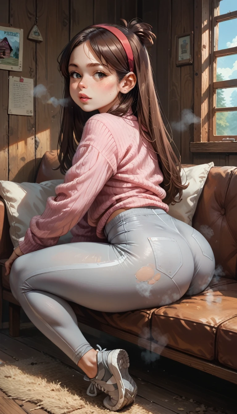 score_9, score_8_up, score_7_up, score_6_up, score_5_up, 1 girl, Mabel Pines,(SHORTSTACK:0.5),, wide hips, PINK SWEATER, (grey SPORTS pants), (PLUMP:0.4), (JIGGLY ASS:0.9), , (MUSK CLOUDS:1.2), WOODEN CABIN,SIT ON COUCH,,FROM TO VIEWER,IN FRONT OF THE VIEWER, (((flat chest)))