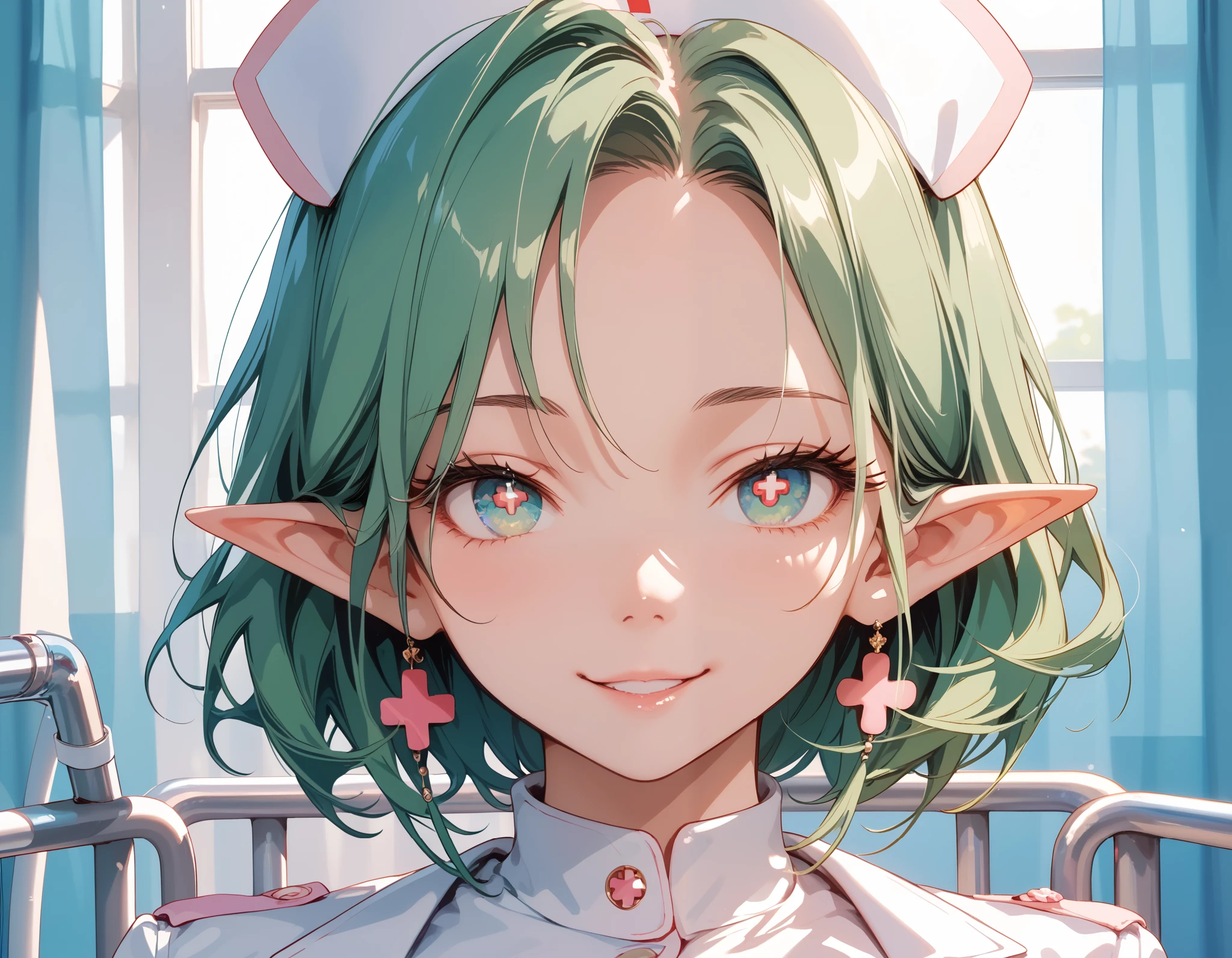 (((Best quality, 8k, Masterpiece: 1.3)), ((best quality)), ((masterpiece)), (detailed), perfect face, perfect body, (detailed skin:1.3), (intricate details), long eyelashes, solid circle eyes, light smile, green hair, hair over shoulder, long pointy ears, nurse cap, drop shadow, tachi-e, 8k, nurse, at hospital