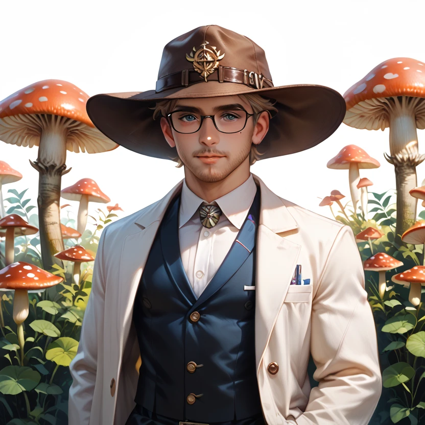 A handsome, dapper shiitake mushroom man with a large, impressive brown cap and sturdy stem, embodying the qualities of a naturally grown, firm-textured mushroom. He's wearing a white lab coat and black-rimmed glasses, giving him a sophisticated researcher look. Next to him, a cute adventurer girl with long light brown hair and large innocent eyes is gently touching the mushroom man's cap. She's wearing an adventurer's outfit with a white blouse and navy skirt. They are in a moonlit forest clearing with scientific equipment visible in the background. The scene is romantic and whimsical, capturing the moment of their first encounter.