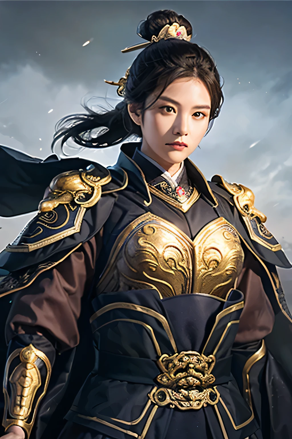 25 year old Chinese woman,middle aged woman,realistic,chinese_Armor,alone,Background of ancient chinese cities,detailed_eye,shoulder_Armor,(검은 eye),looking at viewer,(masterpiece:1.2), (best quality:1.2), perfect eye, perfect face, perfect lighting, (8K),(complete anatomy), Nee Shot