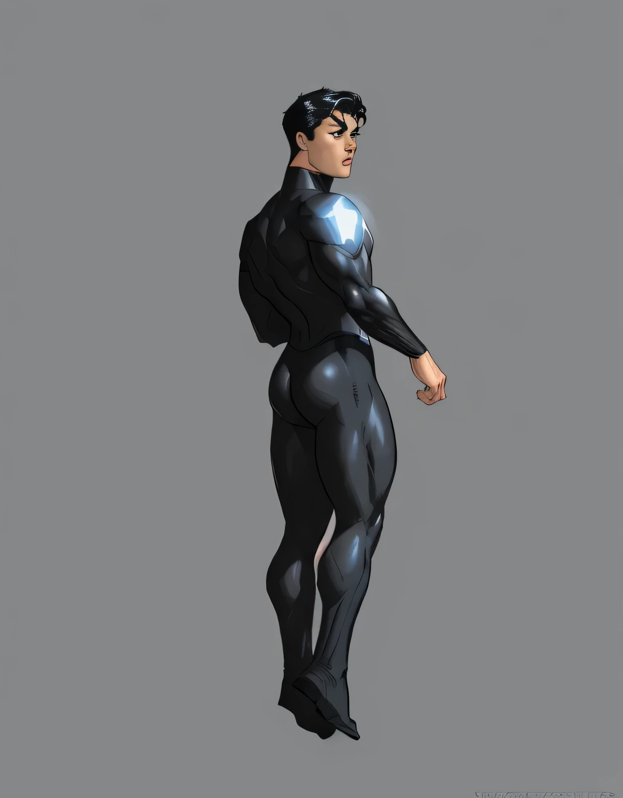 a 25 year old guy in a black suit, cool, comic book character, black hair, blue eyes, smooth face, superhero body, comic book character floating in the air, in a plain black spandex suit, no text, black body, tight black suits, fantasy non-human character, superhero from the boys tv show, wearing a tight black suit, ross tran!!!, heroic male pose floating in the air, big voluminous buttocks, luis ricardo falero, full body, 90s comic book character design, neutral background.