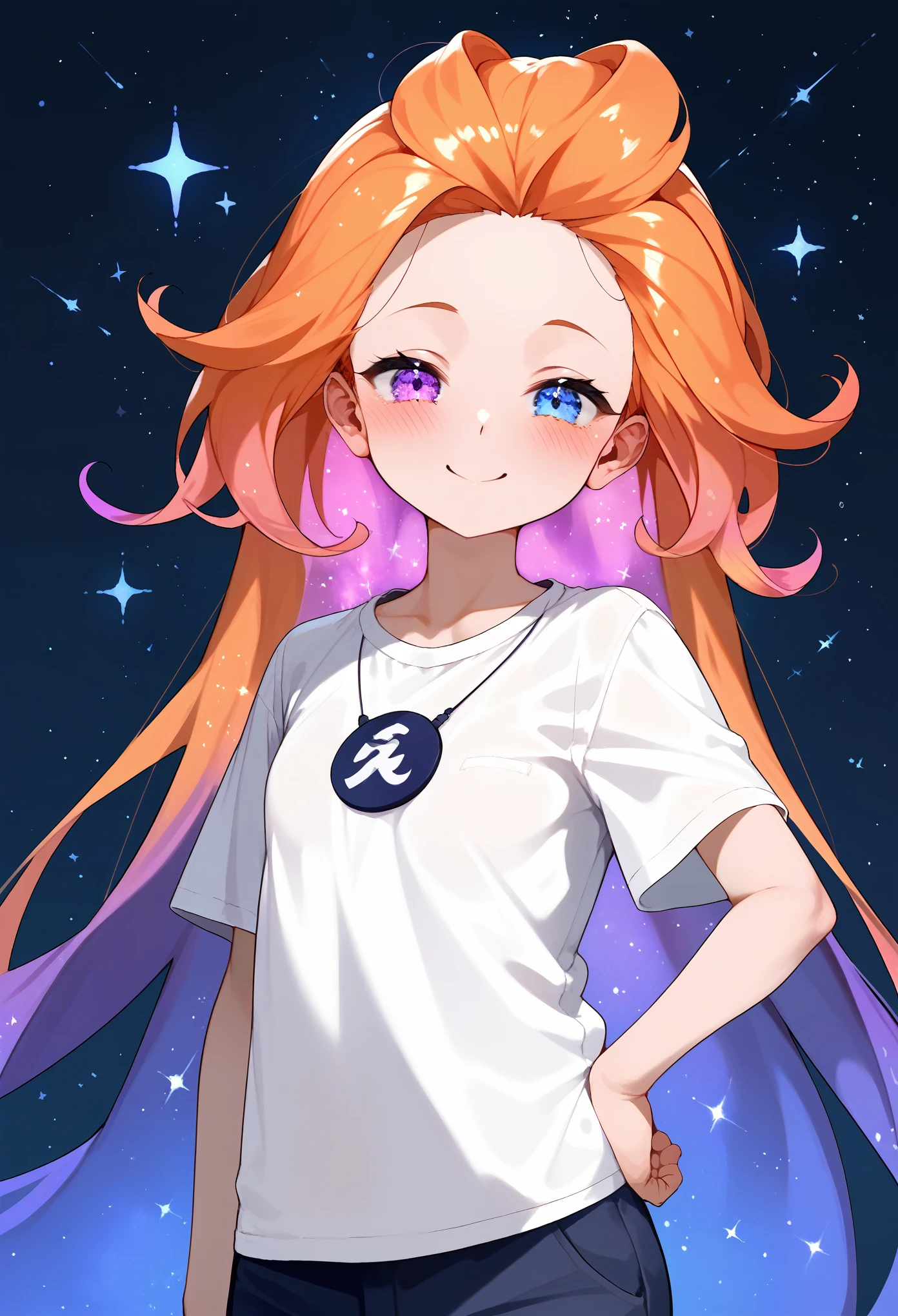 Masterpiece, best quality, Anime, 1girl, ZoeLoLXL, mature, purple eyes, (blue eye), heterochromia, orange hair, multicolored hair, gradient hair, purple hair, very long hair, forehead, small breasts, white shirt, oversized shirt, bottomless, smile, blush, cute, upper body, hand on hip, thighs, looking at viewer, leaning, starry background, simple background, score_9, score_8_up, score_7_up, unaestheticXL_bp5