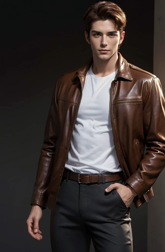 4k, high resolution, best quality, masterpiece, perfect color, perfect shade, perfect lighting, Posted by e621, ((handsome man)), perfect male figure, Short hair details，Detailed face, perfect face, (stood up), Detailed background, ((Bonifasco Lighting)),brown hair, wearing brown leather jacket, black pants, black leather belt, white shirt,