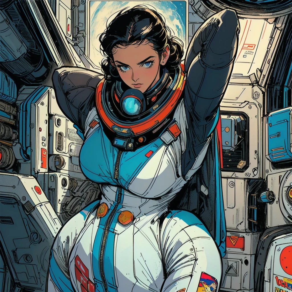 ((( Best Quality Masterpiece ))),(Lonely Goddess),(spacesuit that emphasizes cleavage ),((( 70s and 80s space thriller movie posters))),( American Comics ),((( retro vintage style ))),Overwhelmingly complex depiction,Absolute machine group background, futuristic cyberpunk ,Extremely accurate and delicate depiction,